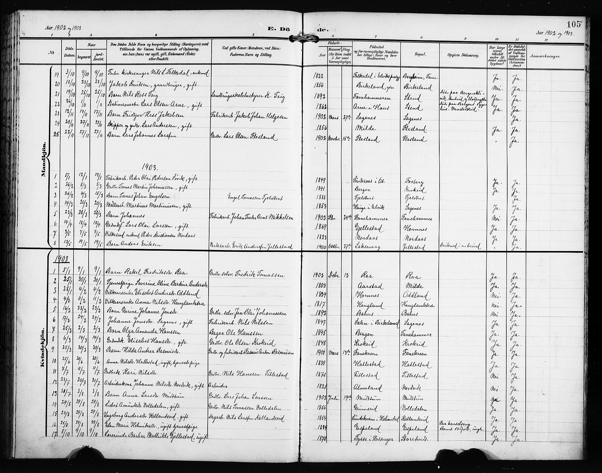 Fana Sokneprestembete, SAB/A-75101/H/Hab/Haba/L0004: Parish register (copy) no. A 4, 1902-1912, p. 105