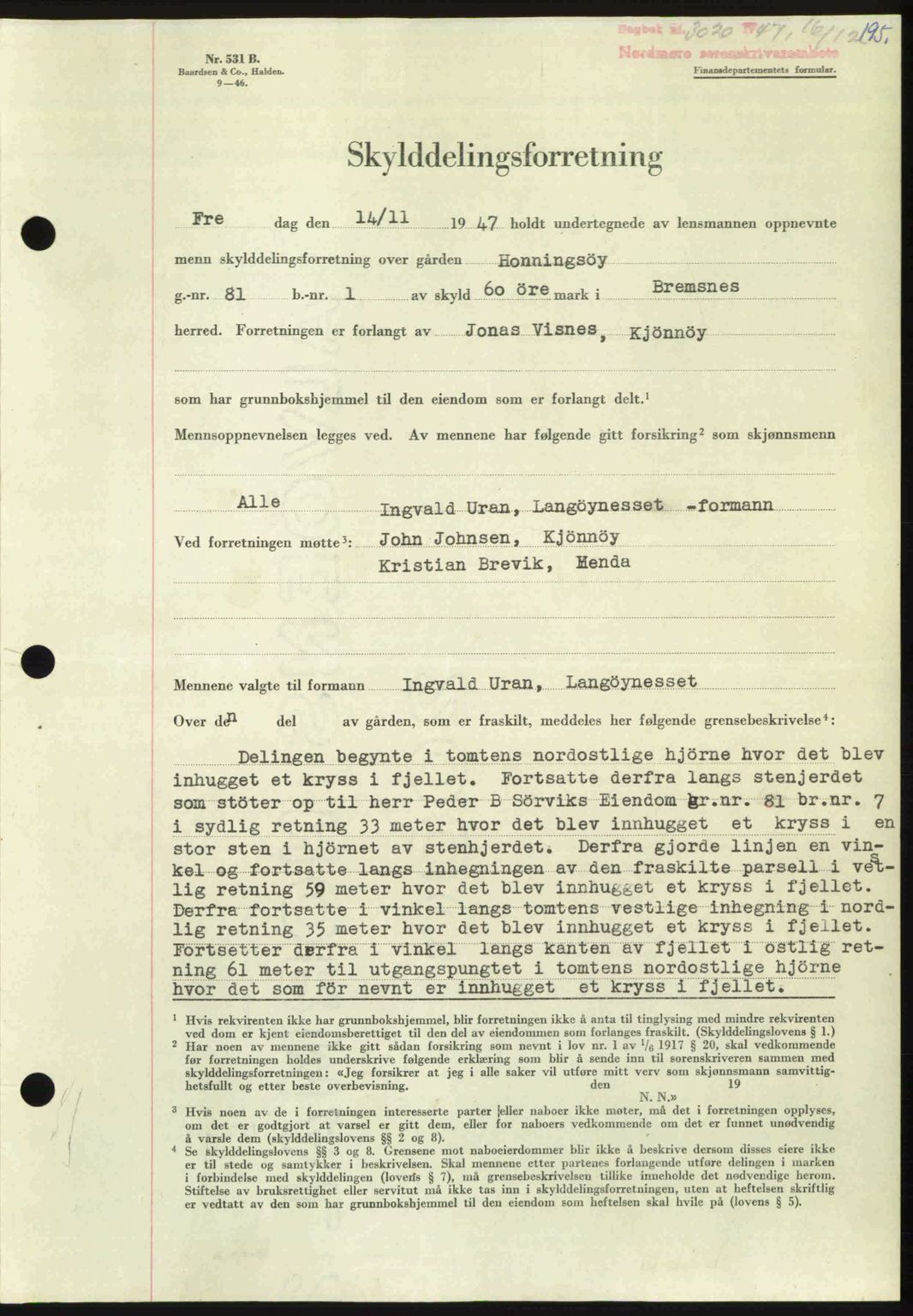 Nordmøre sorenskriveri, AV/SAT-A-4132/1/2/2Ca: Mortgage book no. A107, 1947-1948, Diary no: : 3020/1947