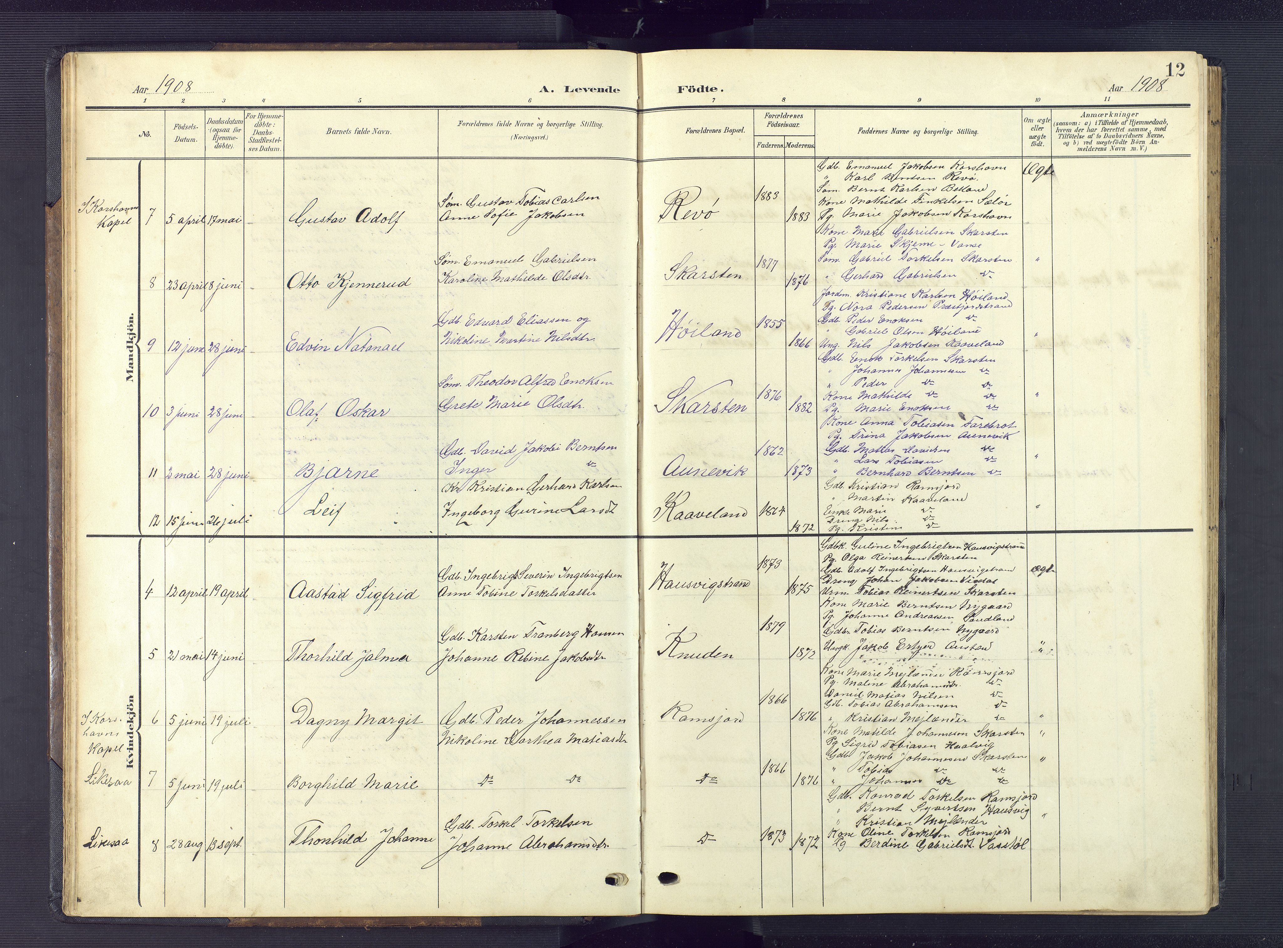 Lyngdal sokneprestkontor, AV/SAK-1111-0029/F/Fb/Fba/L0004: Parish register (copy) no. B 4, 1904-1950, p. 12