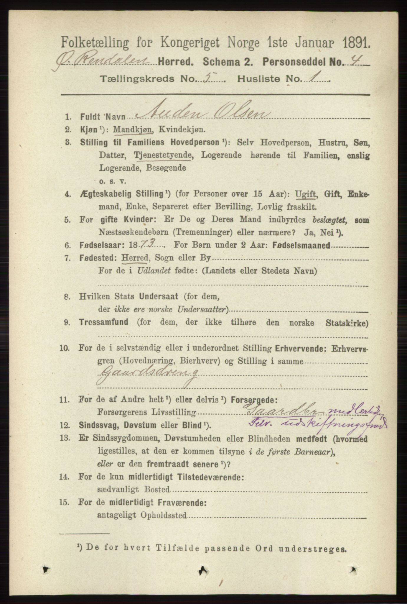 RA, 1891 census for 0433 Øvre Rendal, 1891, p. 1311