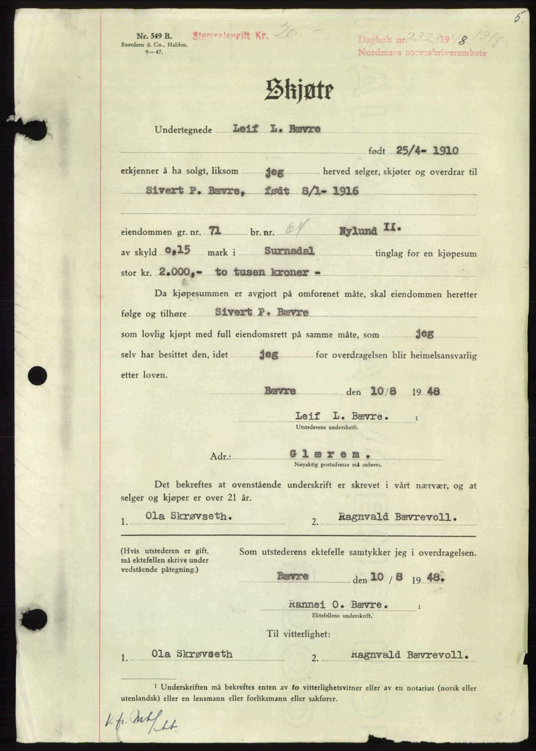 Nordmøre sorenskriveri, AV/SAT-A-4132/1/2/2Ca: Mortgage book no. A109, 1948-1948, Diary no: : 2323/1948