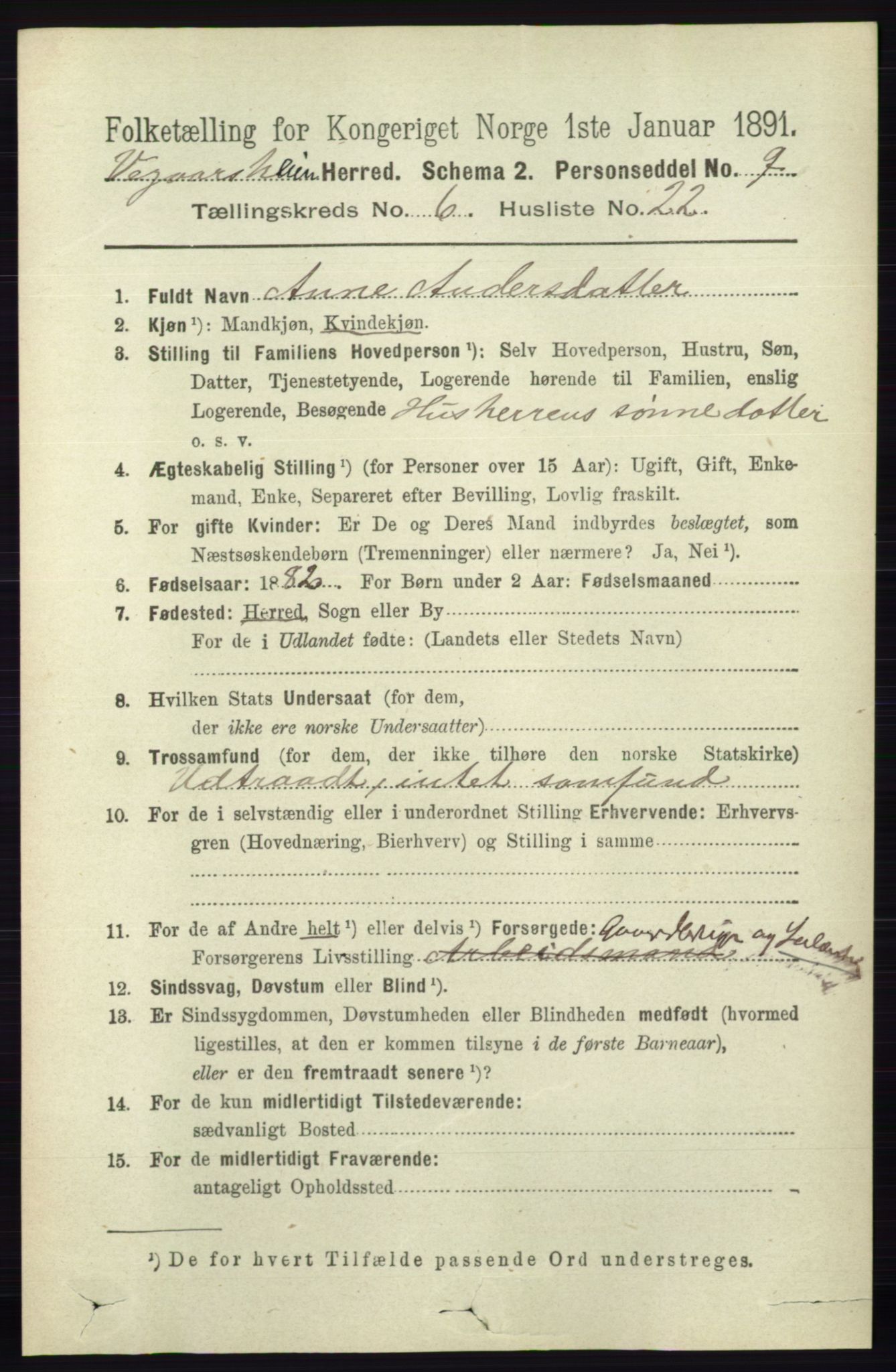RA, 1891 census for 0912 Vegårshei, 1891, p. 1305