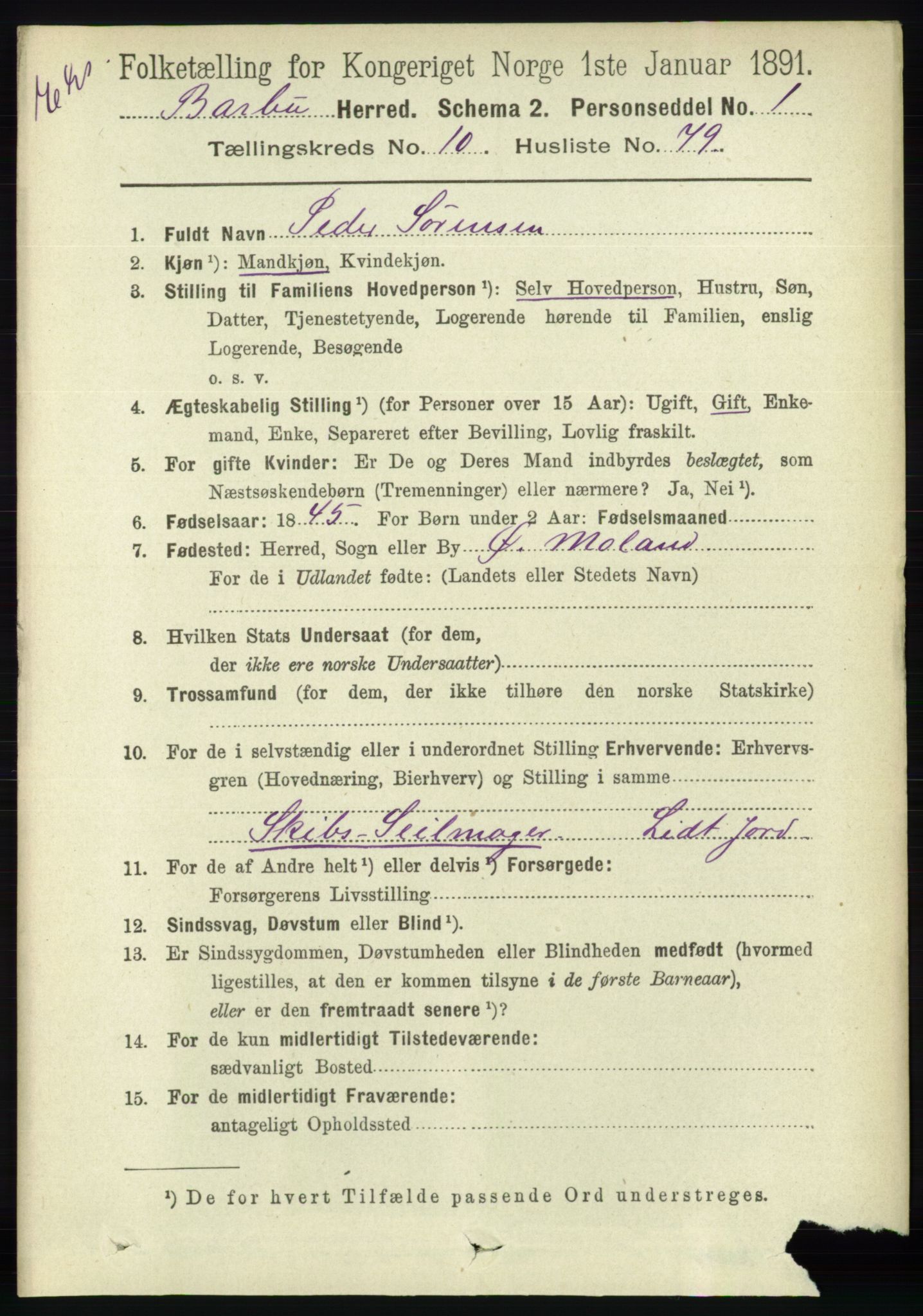 RA, Census 1891 for Nedenes amt: Gjenparter av personsedler for beslektede ektefeller, menn, 1891, p. 555