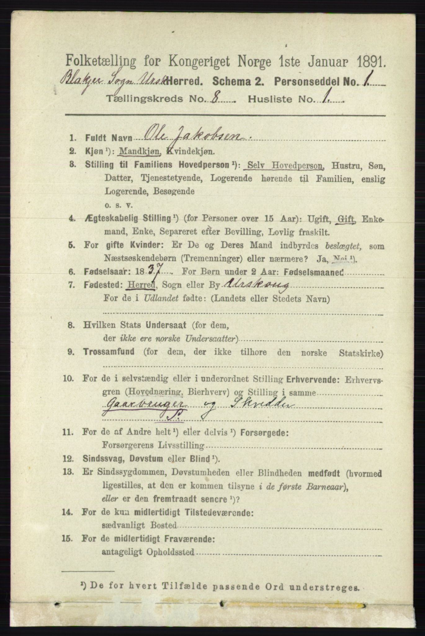 RA, 1891 census for 0224 Aurskog, 1891, p. 3884