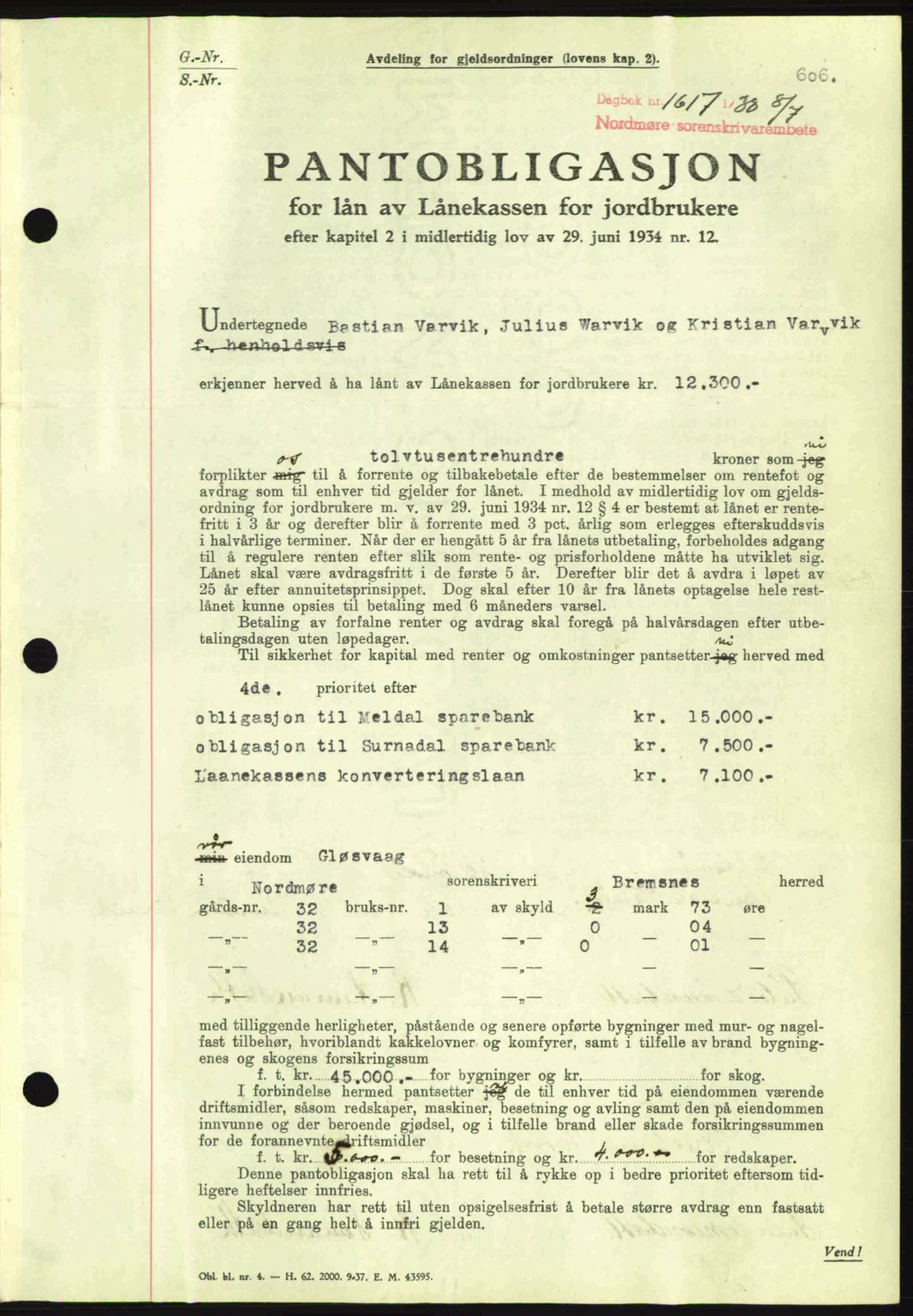 Nordmøre sorenskriveri, AV/SAT-A-4132/1/2/2Ca: Mortgage book no. B83, 1938-1938, Diary no: : 1617/1938