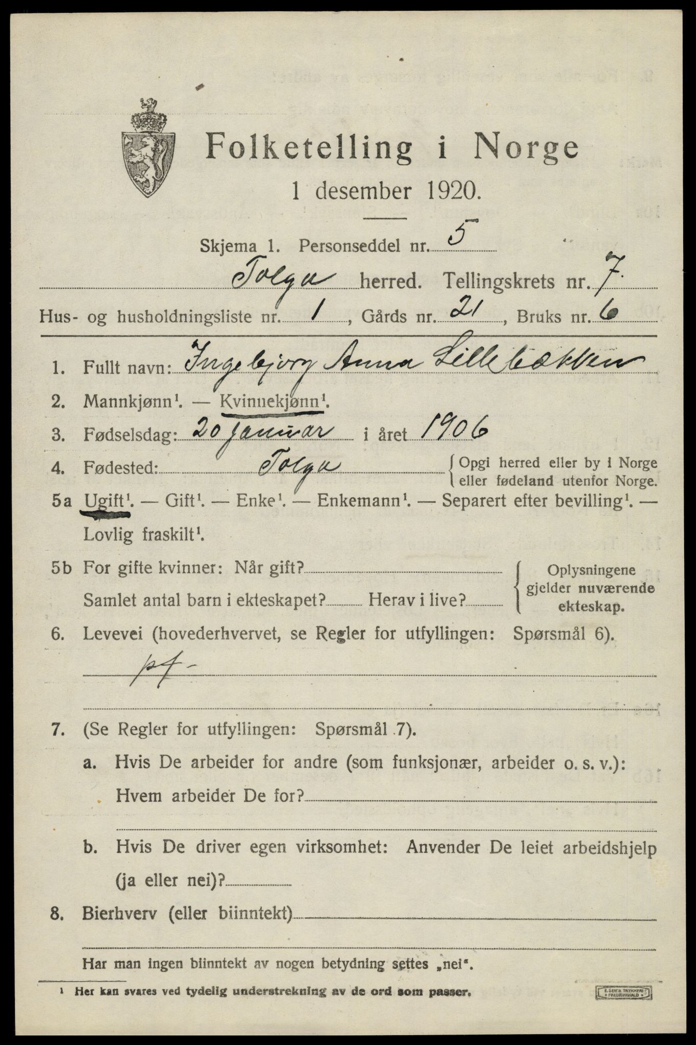 SAH, 1920 census for Tolga, 1920, p. 3923