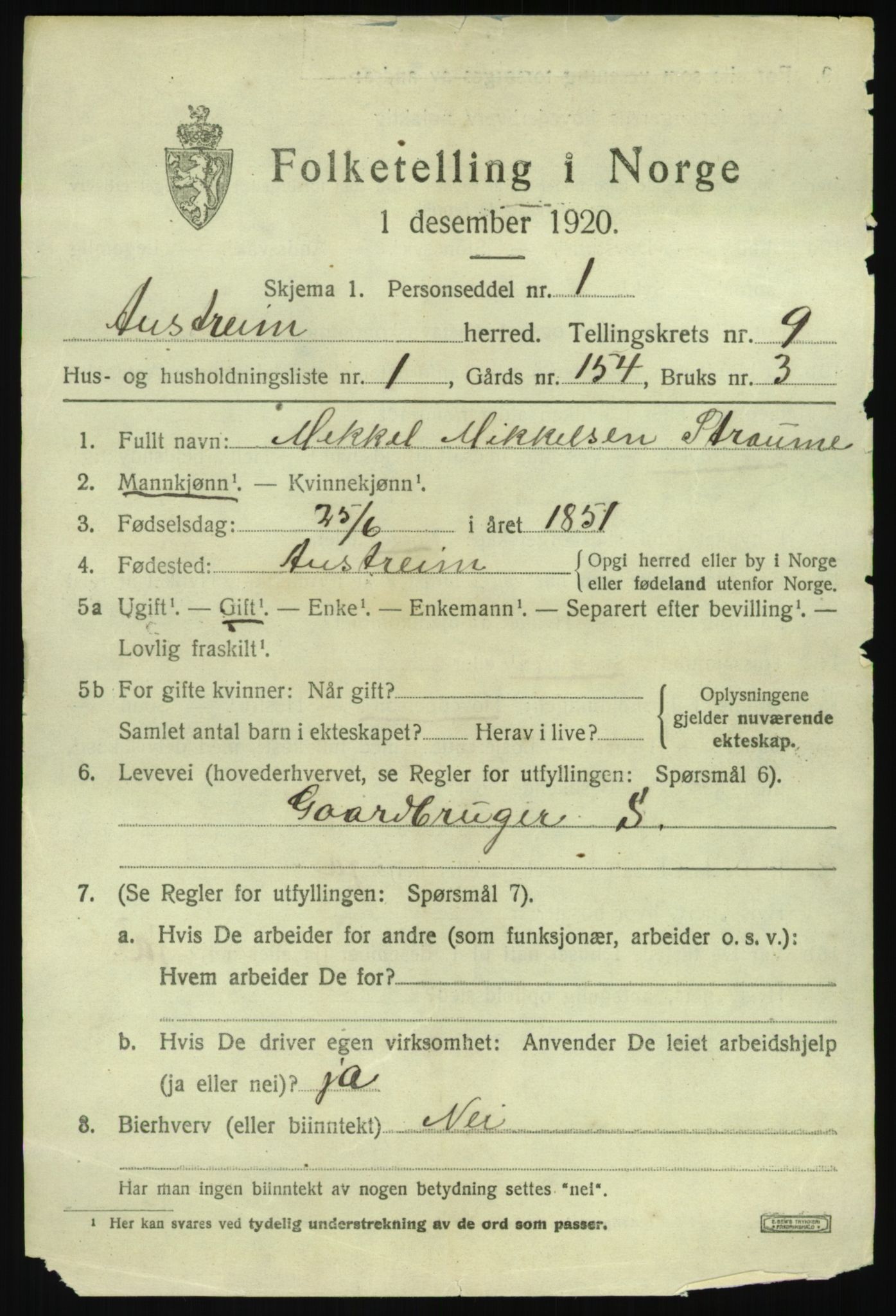 SAB, 1920 census for Austrheim, 1920, p. 3196