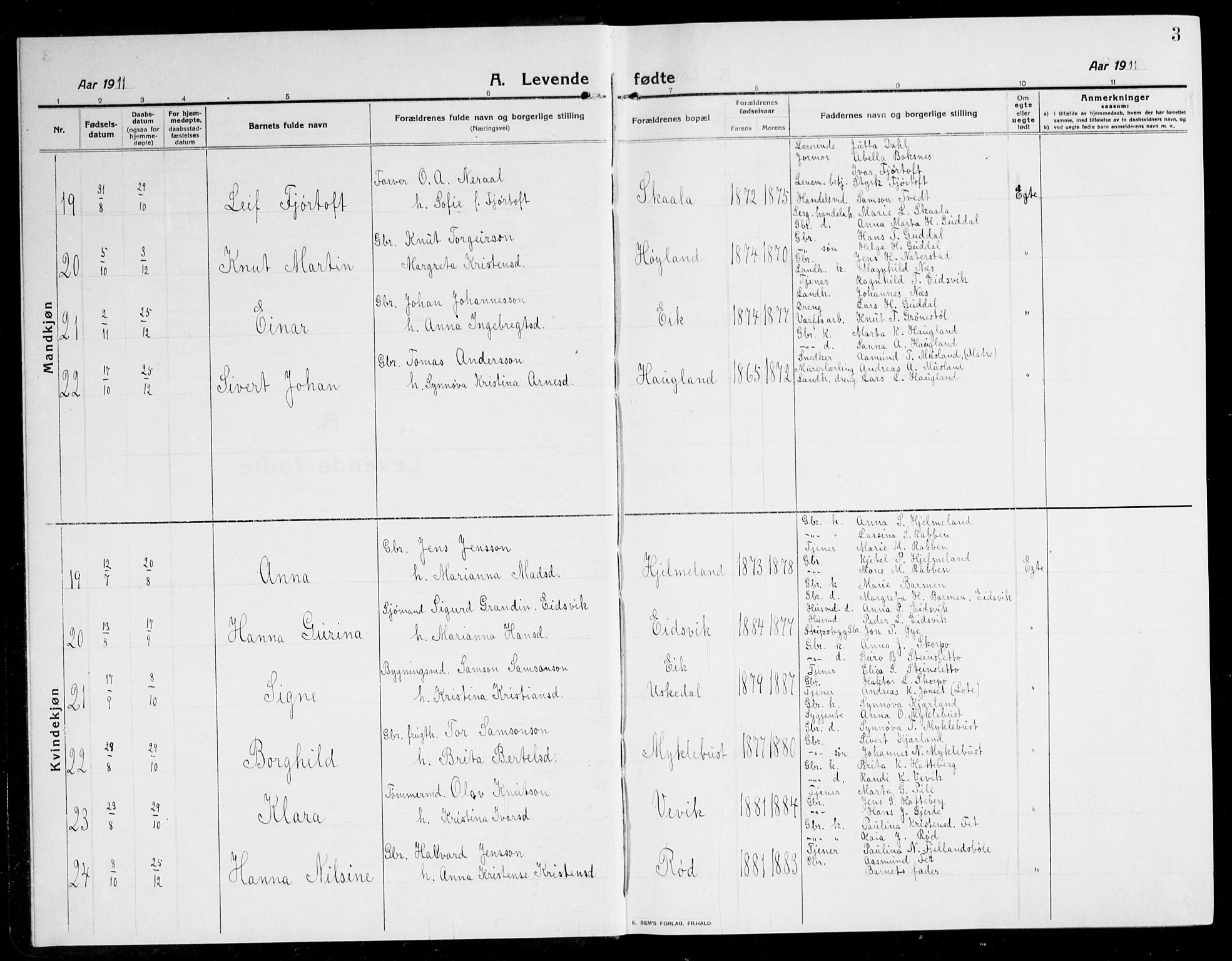 Kvinnherad sokneprestembete, AV/SAB-A-76401/H/Hab: Parish register (copy) no. A 3, 1911-1945, p. 3