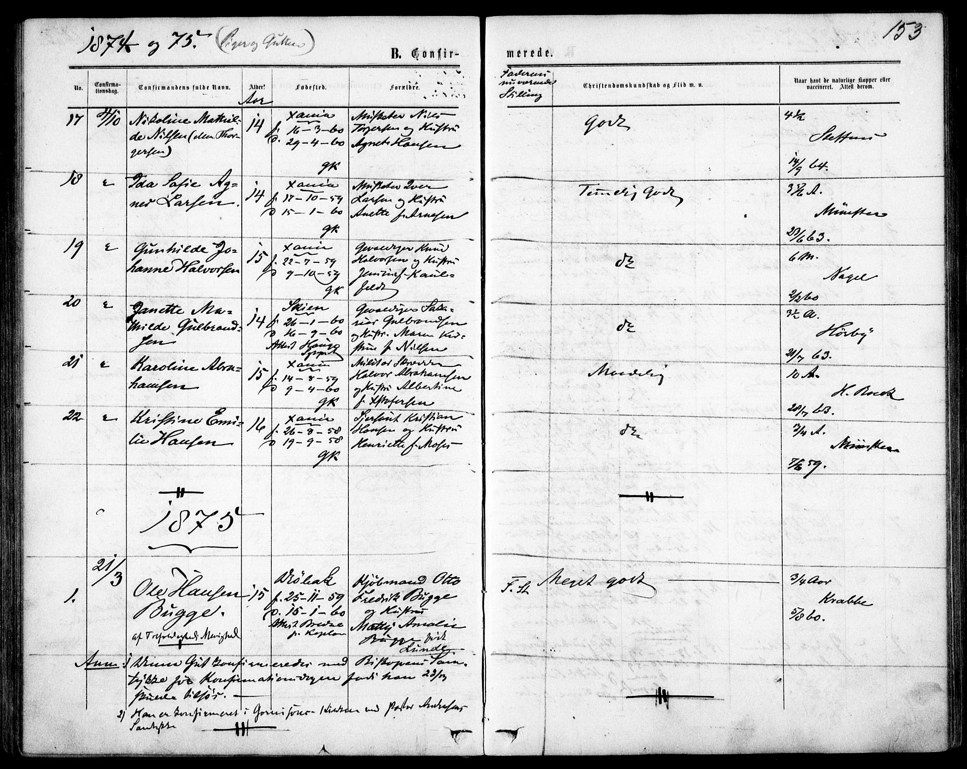 Garnisonsmenigheten Kirkebøker, SAO/A-10846/F/Fa/L0011: Parish register (official) no. 11, 1870-1880, p. 153