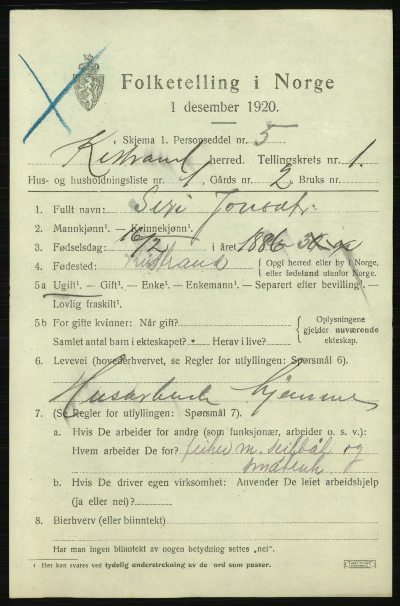 SATØ, 1920 census for Kistrand, 1920, p. 848