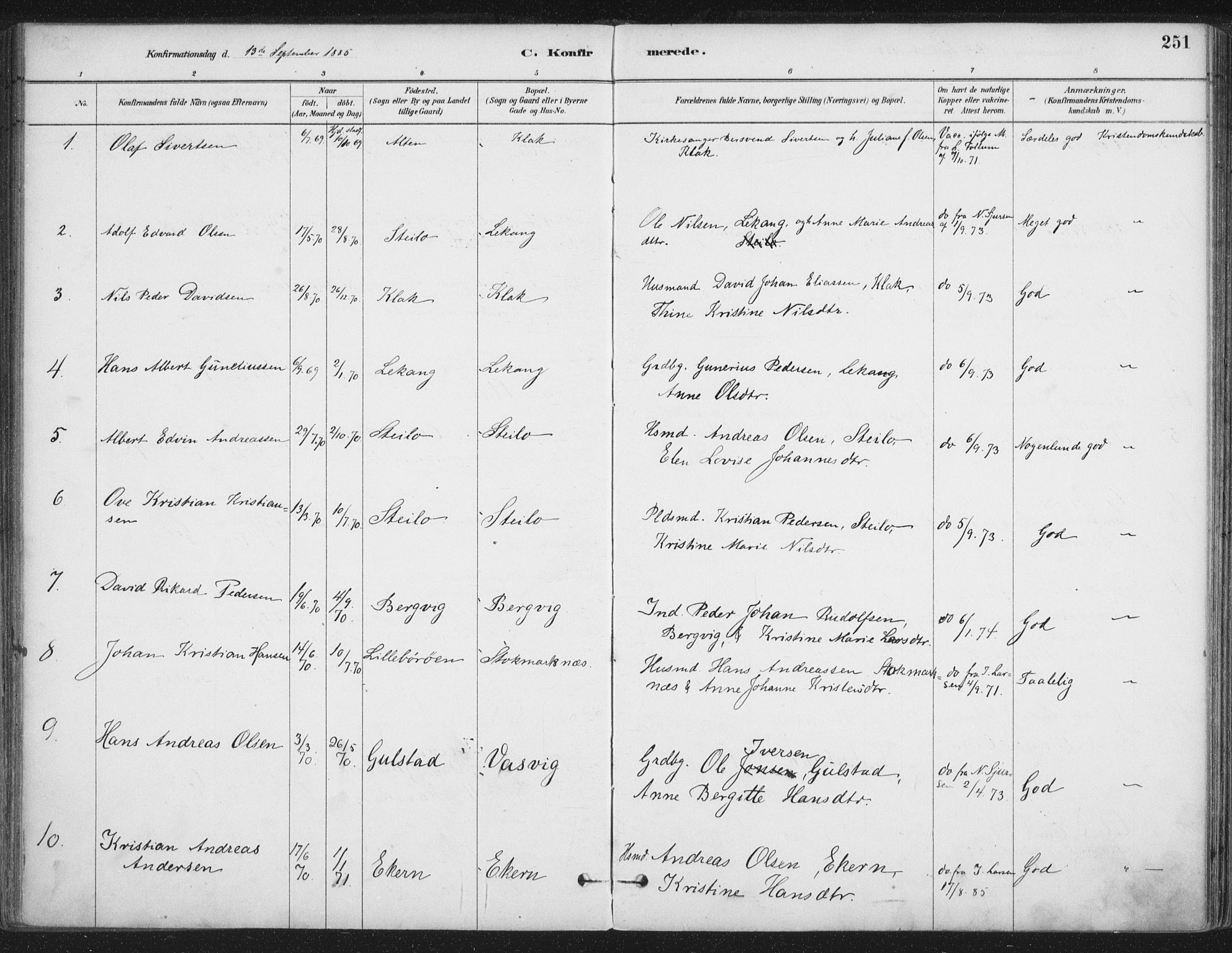 Ministerialprotokoller, klokkerbøker og fødselsregistre - Nordland, AV/SAT-A-1459/888/L1244: Parish register (official) no. 888A10, 1880-1890, p. 251