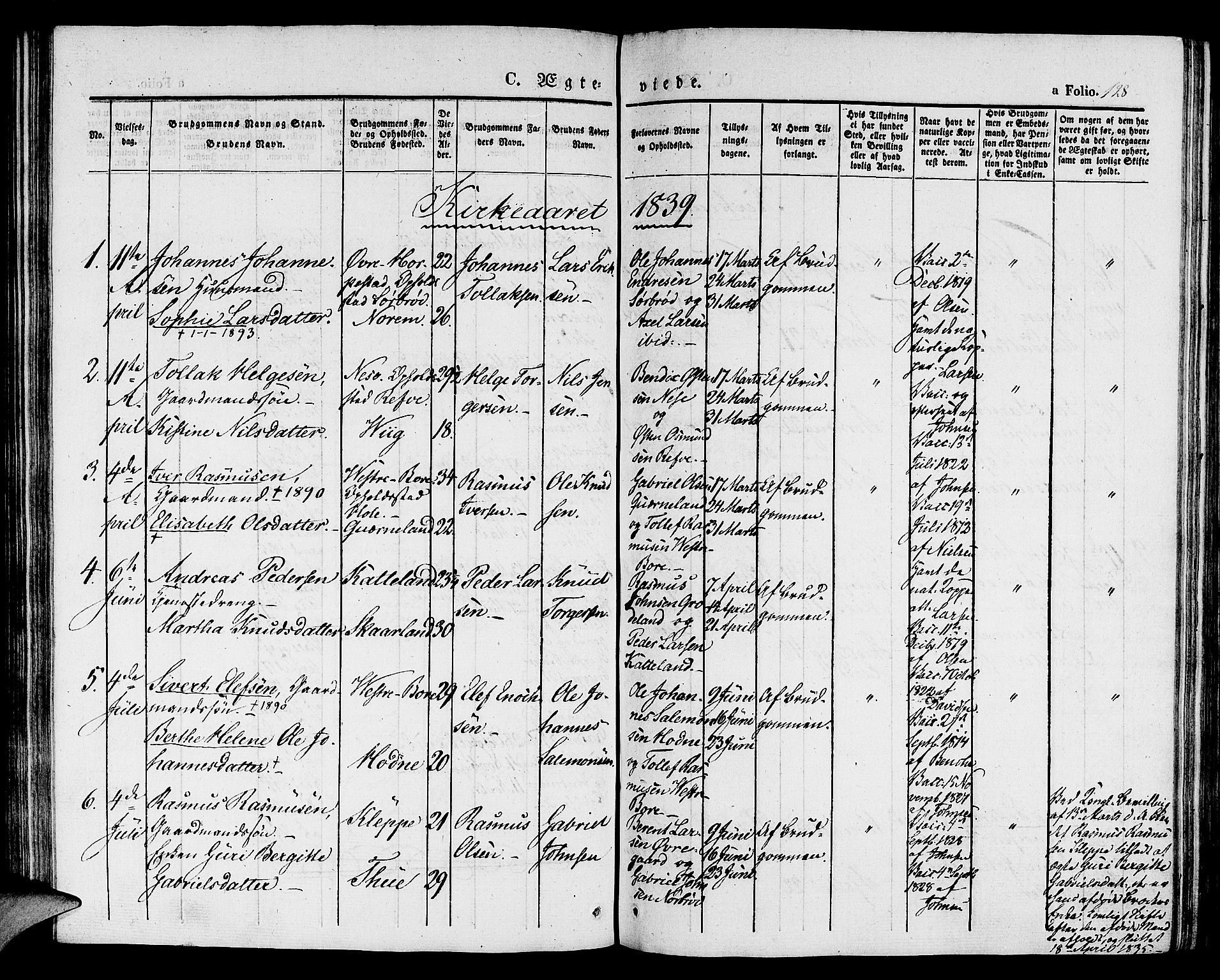 Klepp sokneprestkontor, SAST/A-101803/001/3/30BA/L0003: Parish register (official) no. A 3, 1833-1842, p. 128