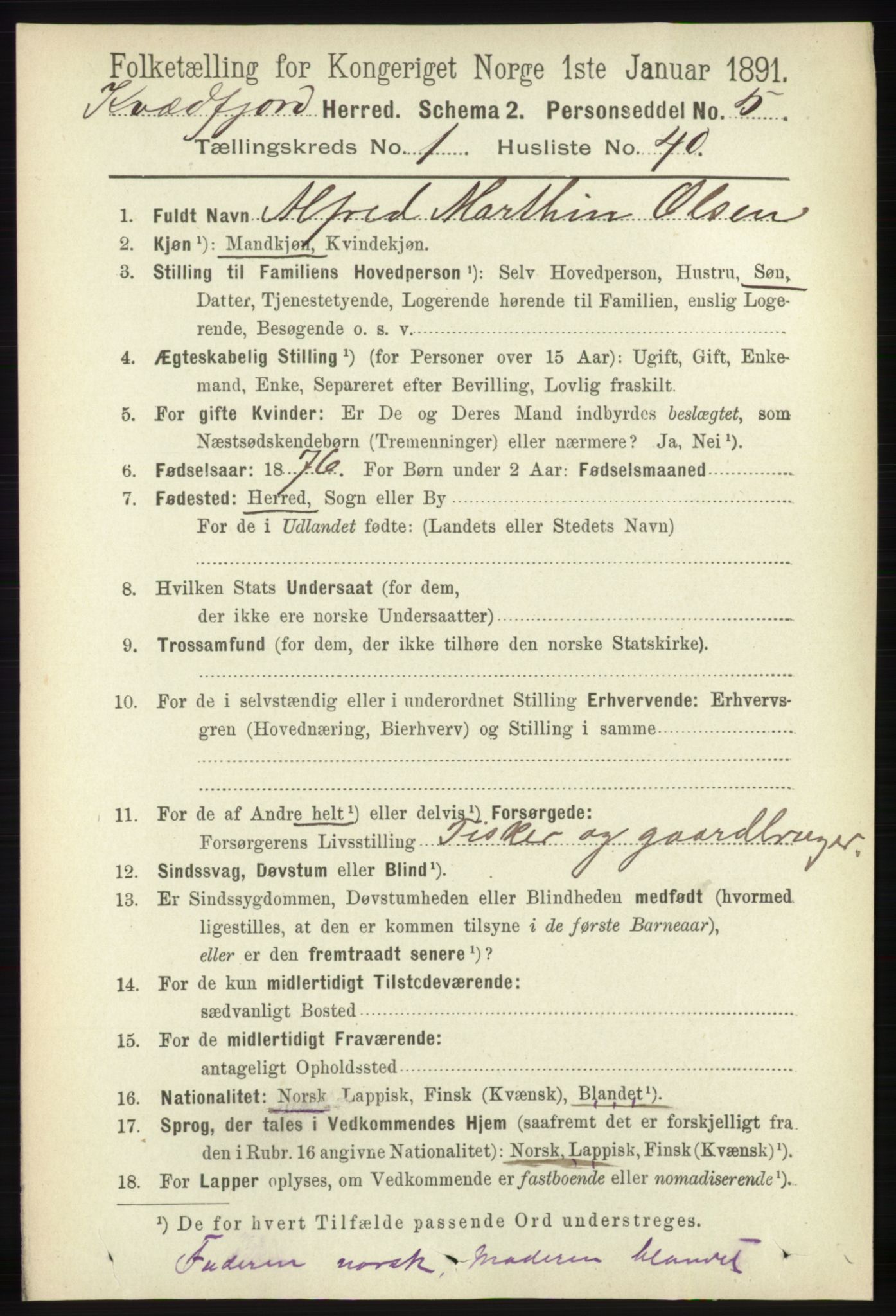 RA, 1891 census for 1911 Kvæfjord, 1891, p. 350