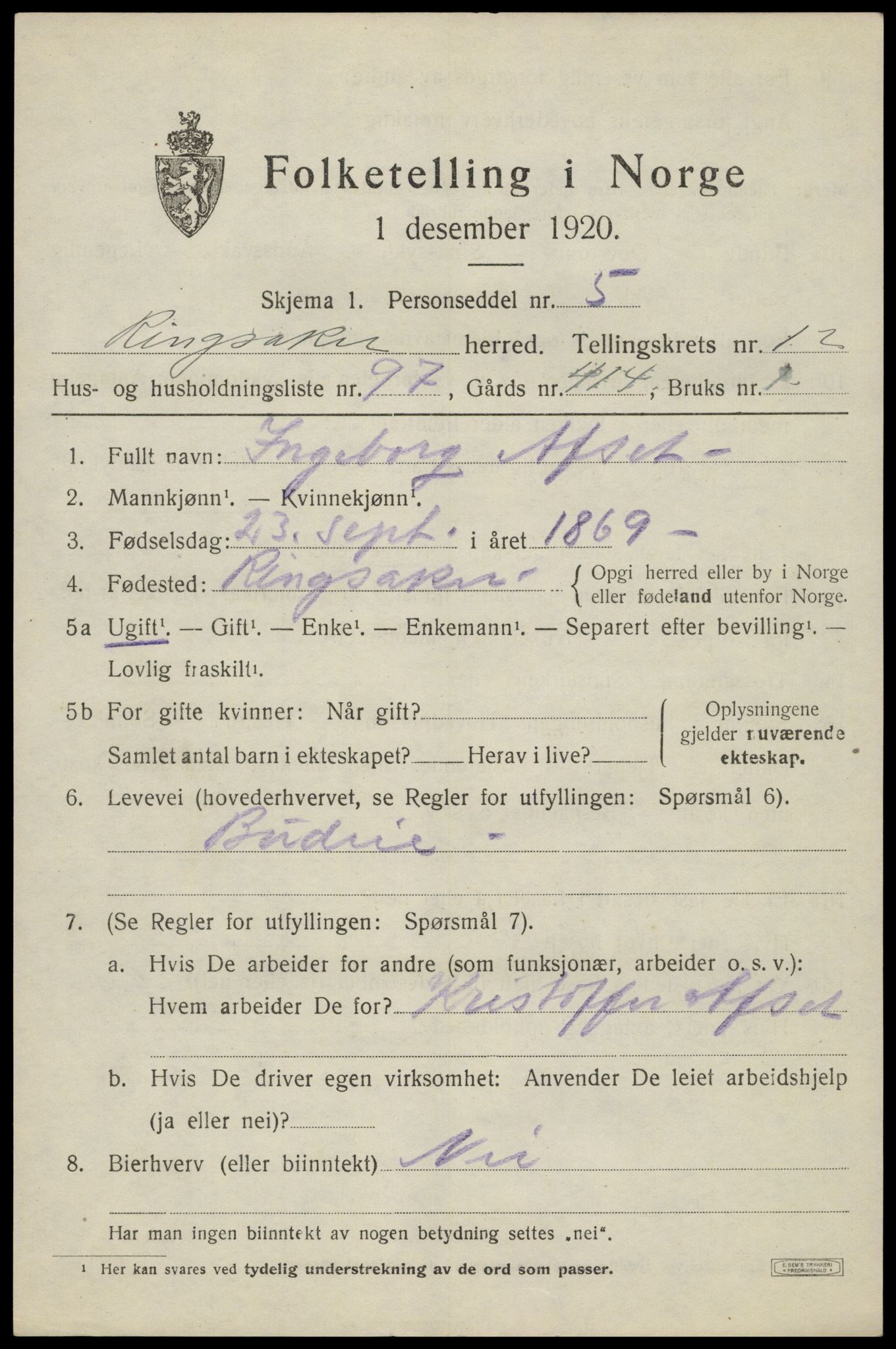 SAH, 1920 census for Ringsaker, 1920, p. 20596