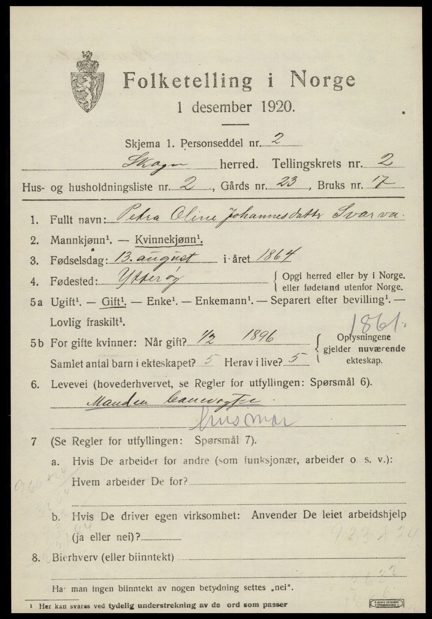 SAT, 1920 census for Skogn, 1920, p. 3037