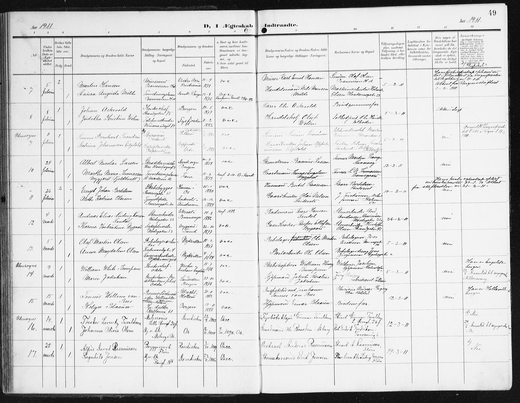 Domkirken sokneprestembete, SAB/A-74801/H/Haa/L0038: Parish register (official) no. D 5, 1906-1921, p. 49