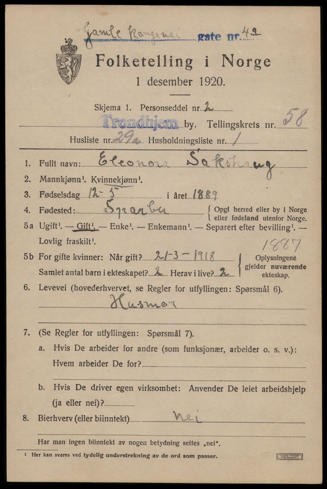 SAT, 1920 census for Trondheim, 1920, p. 118286