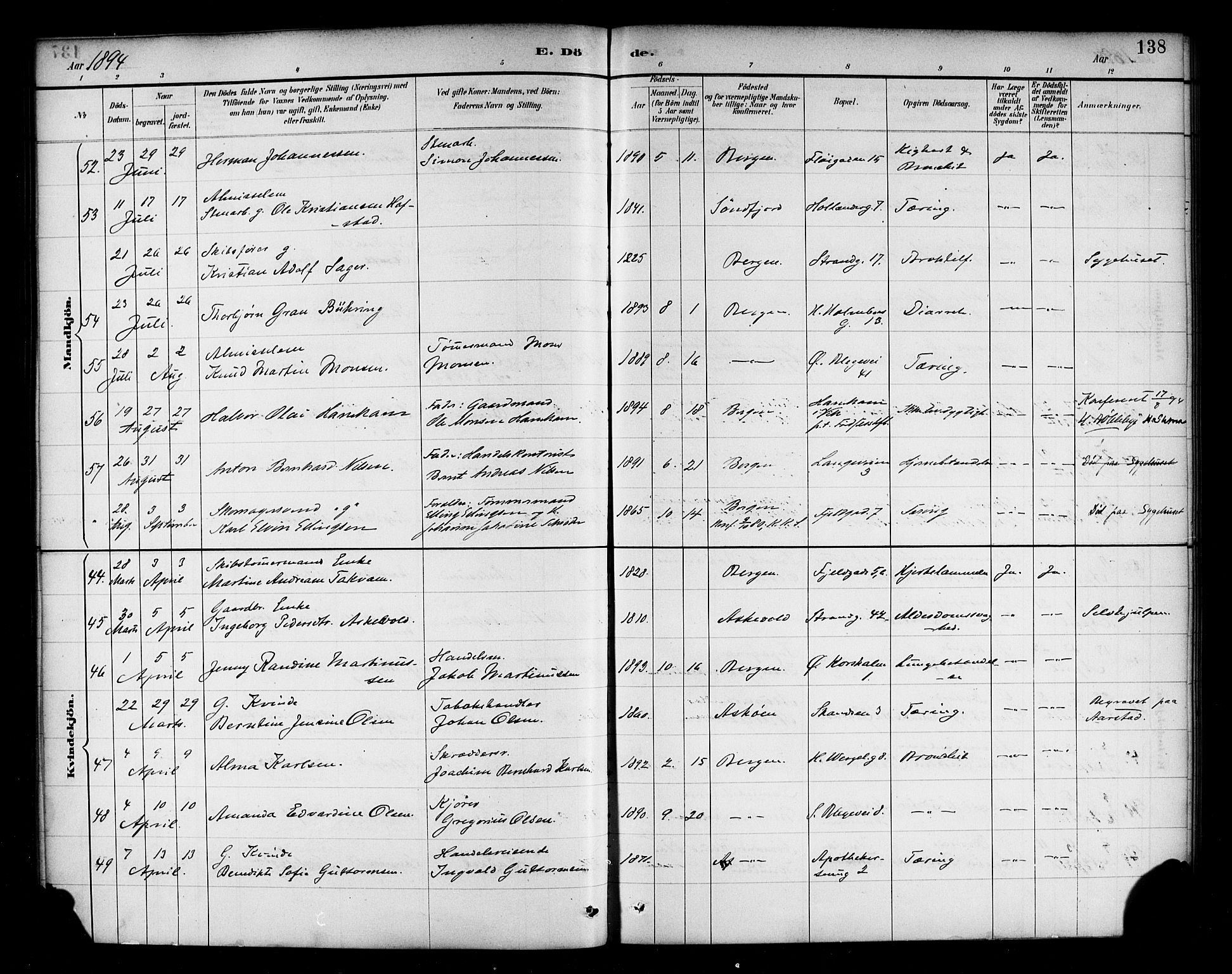 Korskirken sokneprestembete, SAB/A-76101/H/Haa/L0047: Parish register (official) no. E 5, 1884-1910, p. 138