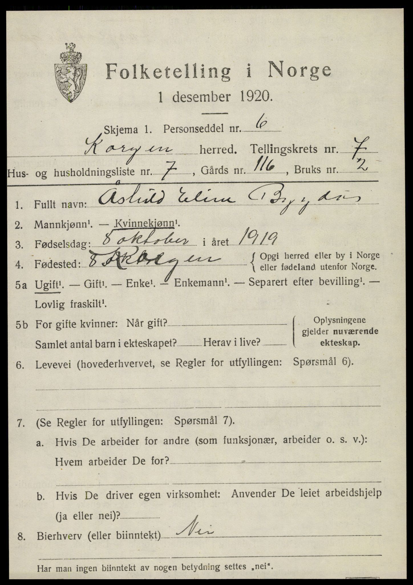 SAT, 1920 census for Korgen, 1920, p. 2864