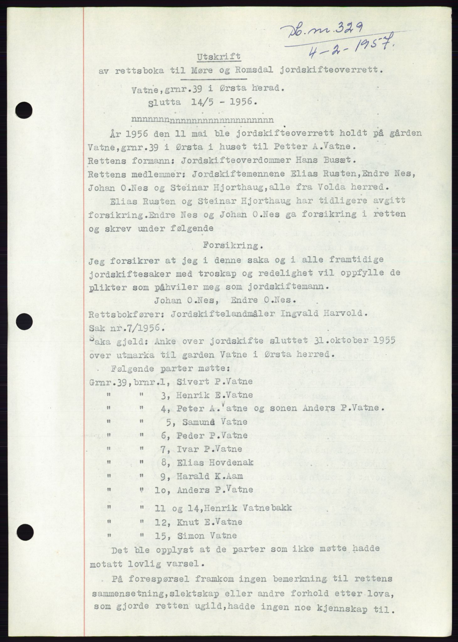 Søre Sunnmøre sorenskriveri, AV/SAT-A-4122/1/2/2C/L0105: Mortgage book no. 31A, 1956-1957, Diary no: : 329/1957