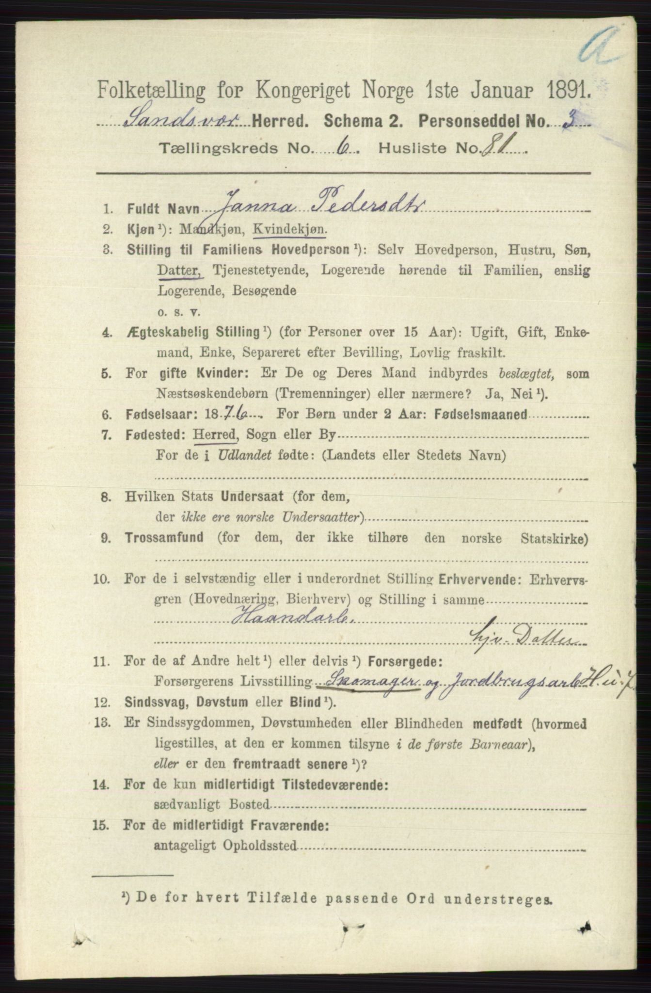 RA, 1891 census for 0629 Sandsvær, 1891, p. 3914