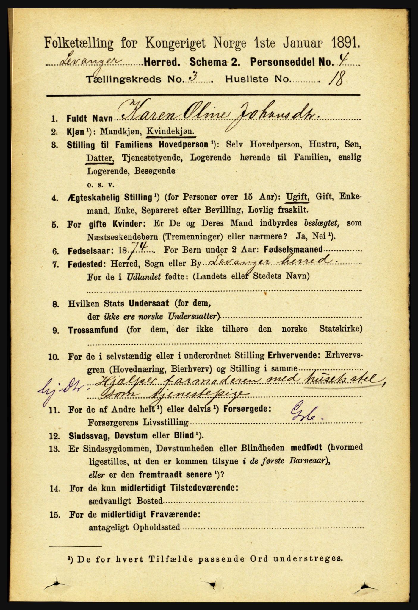 RA, 1891 census for 1720 Levanger, 1891, p. 1709