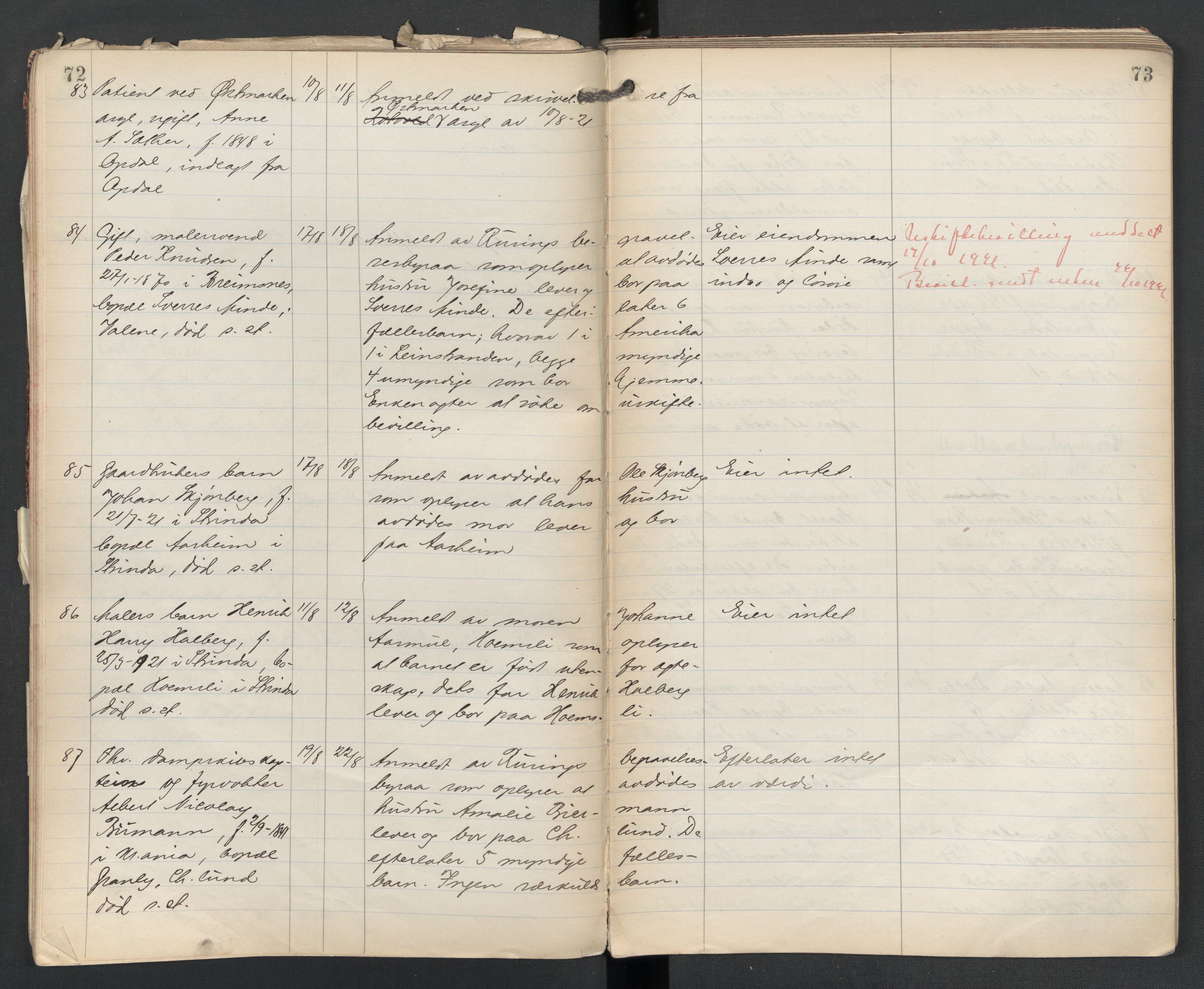 Strinda lensmannskontor, AV/SAT-A-1083/1/02/L0004: 2.01.04 Dødsfallsprotokoll, 1920-1925, p. 72-73