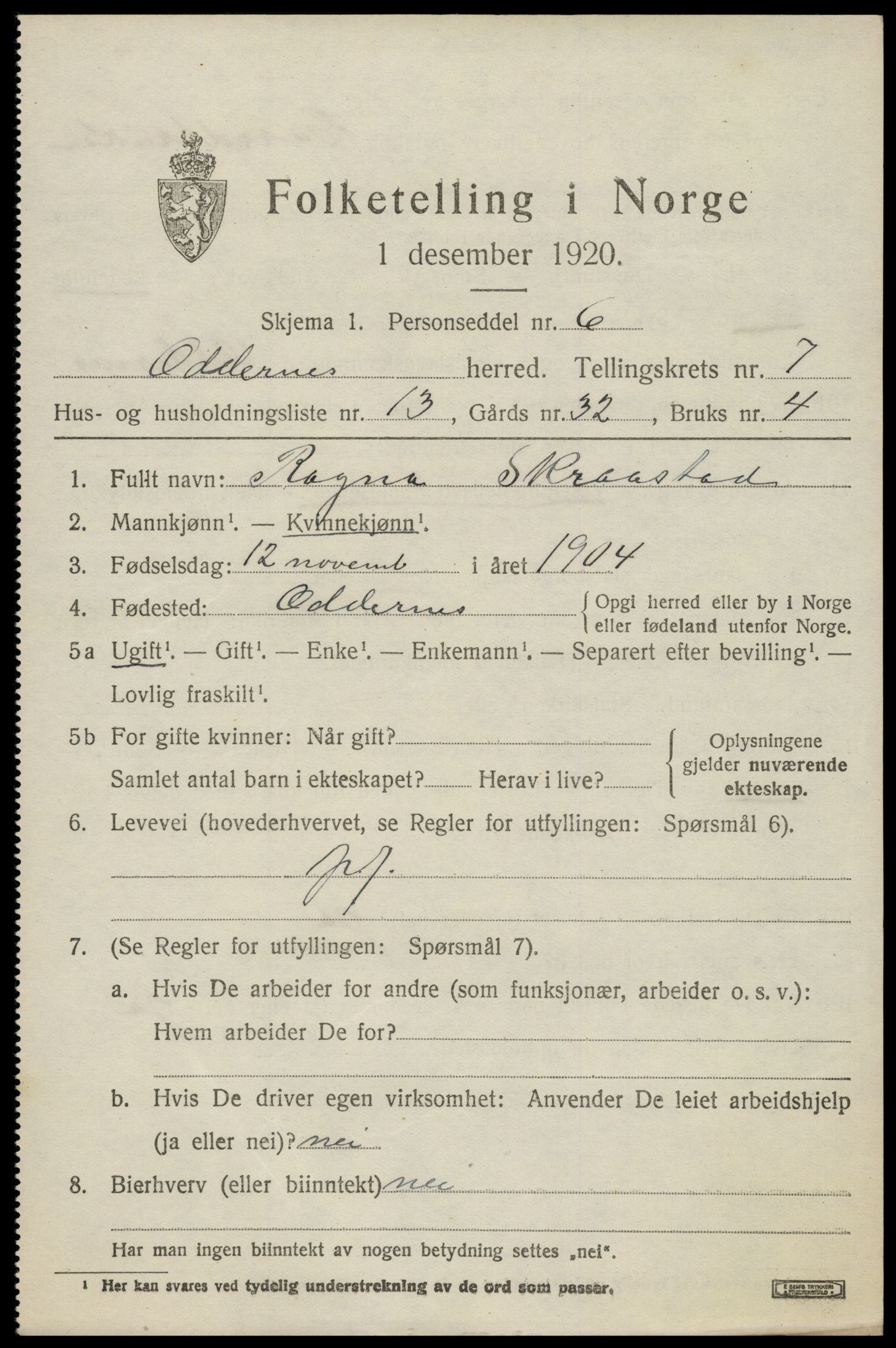 SAK, 1920 census for Oddernes, 1920, p. 5457