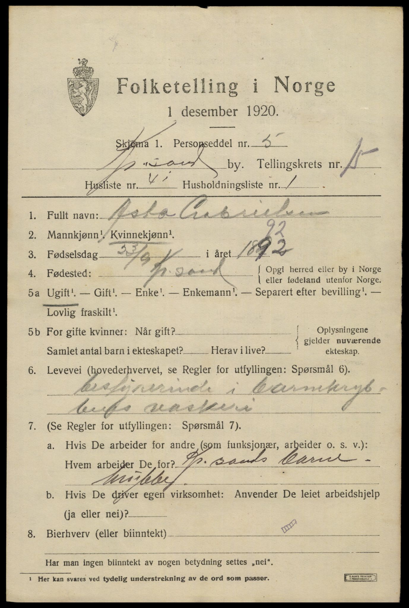 SAK, 1920 census for Kristiansand, 1920, p. 31387