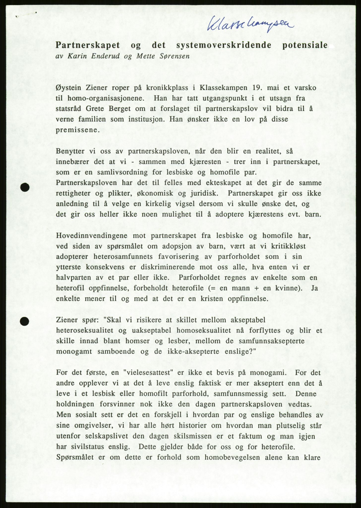 Det Norske Forbundet av 1948/Landsforeningen for Lesbisk og Homofil Frigjøring, AV/RA-PA-1216/D/Da/L0001: Partnerskapsloven, 1990-1993, p. 3