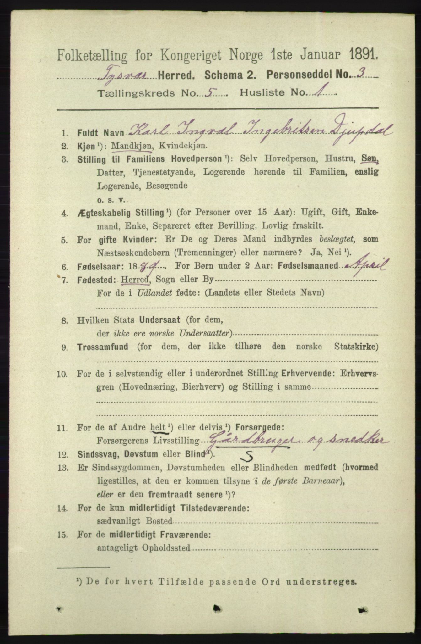 RA, 1891 census for 1146 Tysvær, 1891, p. 1896