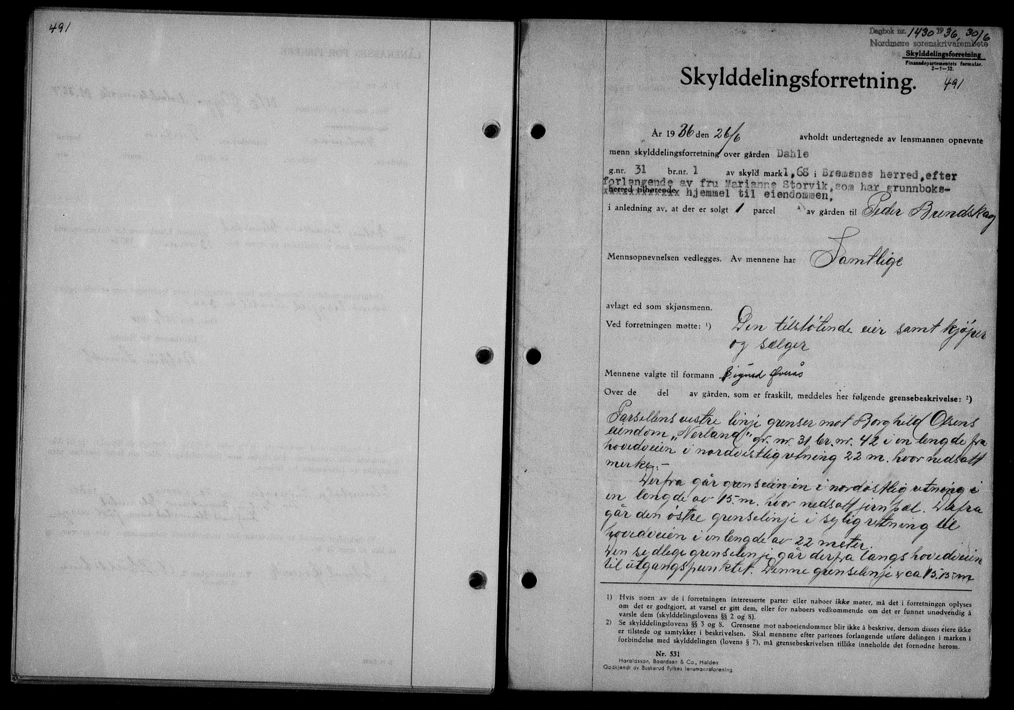 Nordmøre sorenskriveri, AV/SAT-A-4132/1/2/2Ca/L0088: Mortgage book no. 78, 1936-1936, Diary no: : 1430/1936