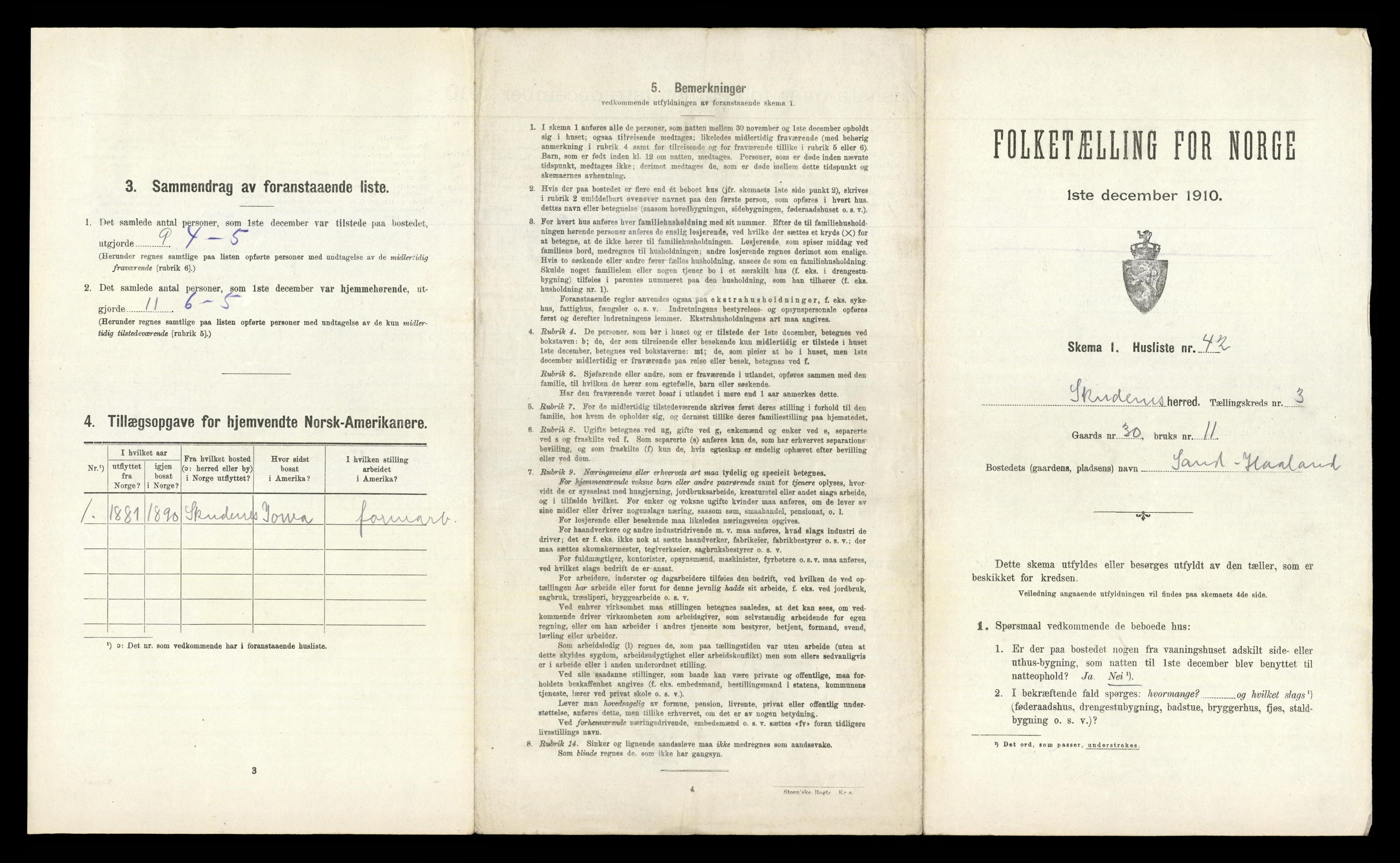 RA, 1910 census for Skudenes, 1910, p. 465