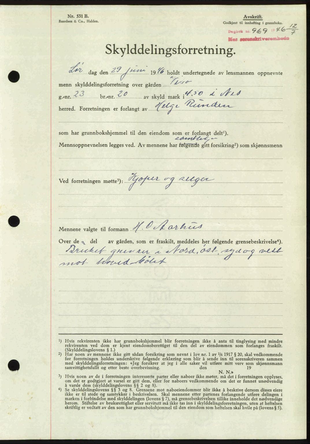 Nes tingrett, AV/SAO-A-10548/G/Gb/Gbb/L0020: Mortgage book no. 64, 1946-1946, Diary no: : 969/1946