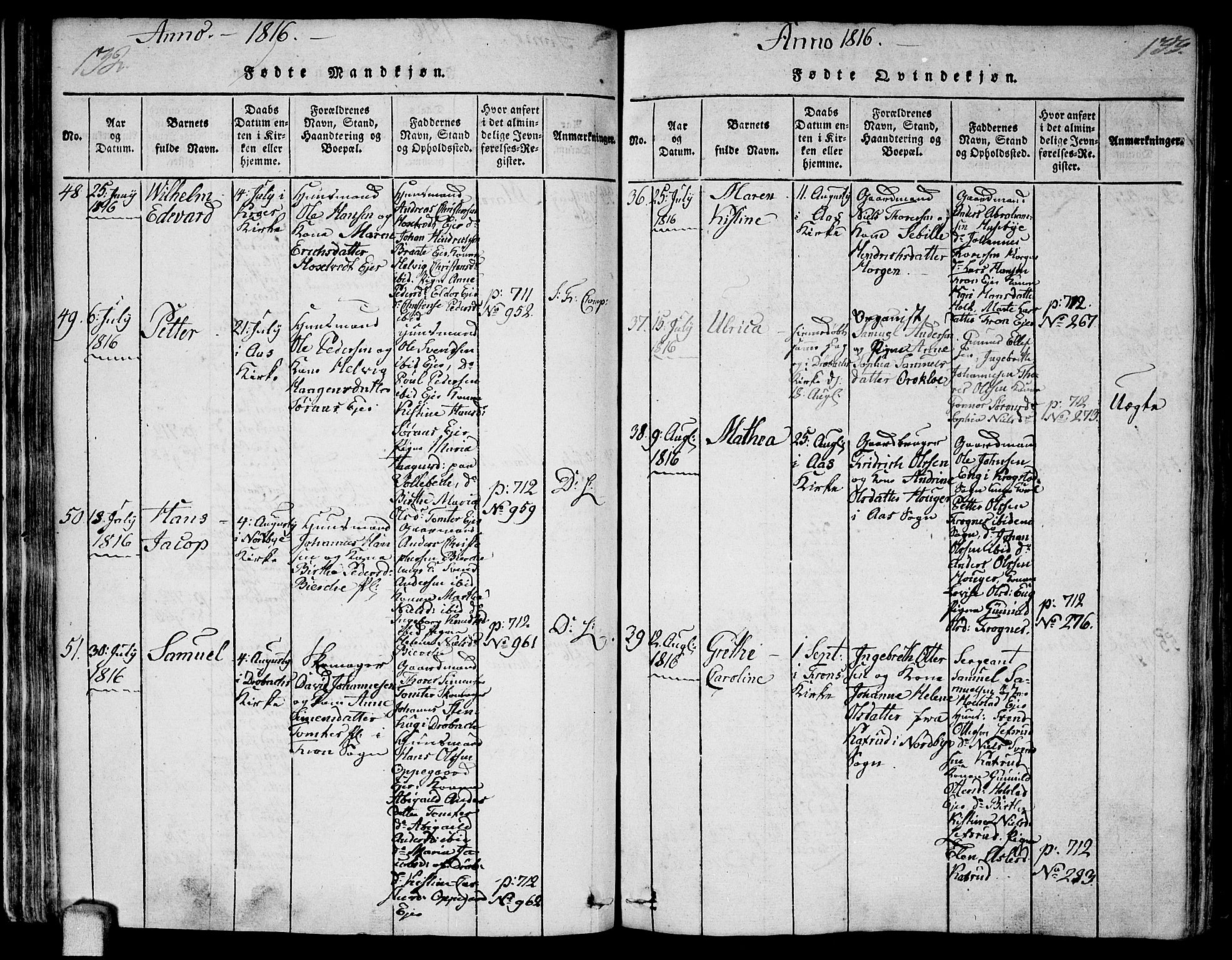 Ås prestekontor Kirkebøker, AV/SAO-A-10894/F/Fa/L0003: Parish register (official) no. I 3, 1814-1818, p. 132-133