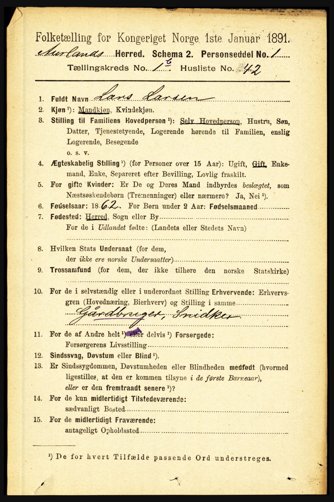 RA, 1891 census for 1421 Aurland, 1891, p. 408