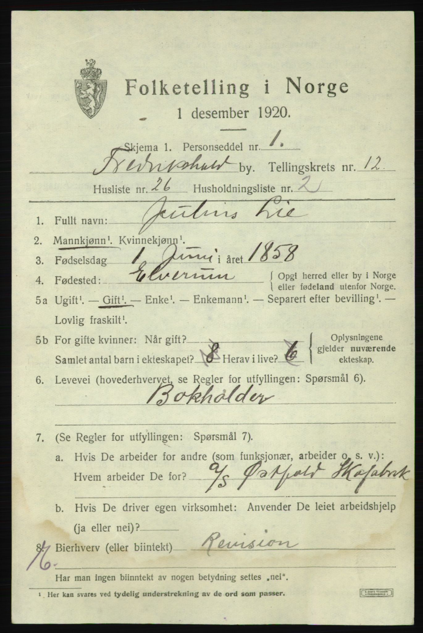 SAO, 1920 census for Fredrikshald, 1920, p. 20475