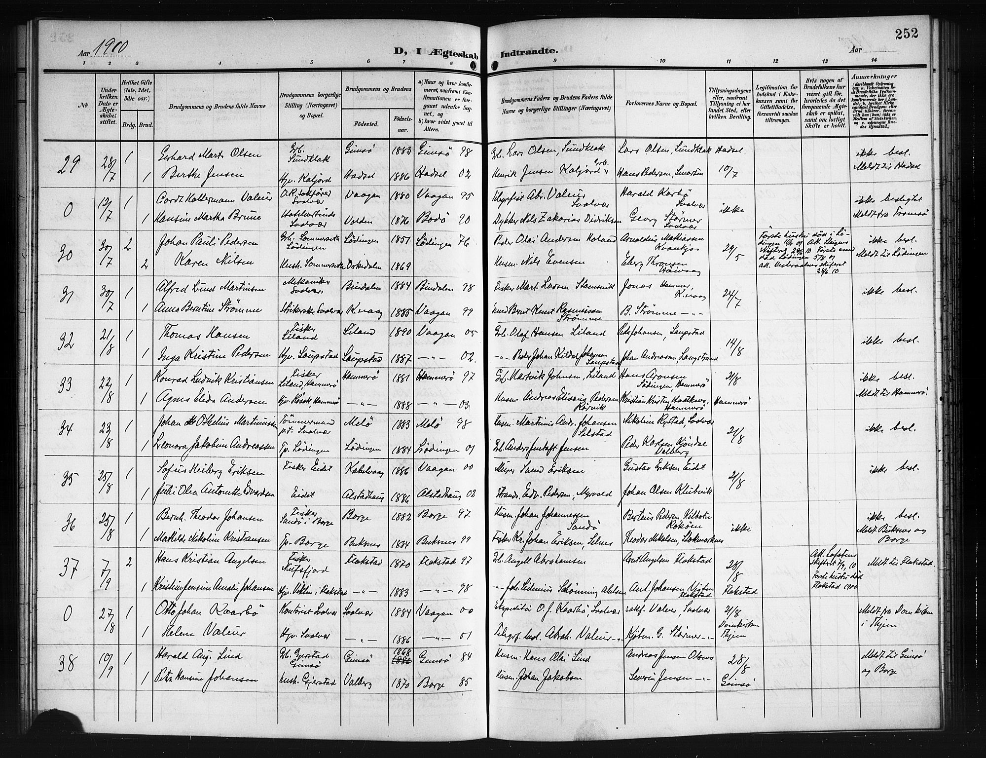 Ministerialprotokoller, klokkerbøker og fødselsregistre - Nordland, AV/SAT-A-1459/874/L1079: Parish register (copy) no. 874C08, 1907-1915, p. 252