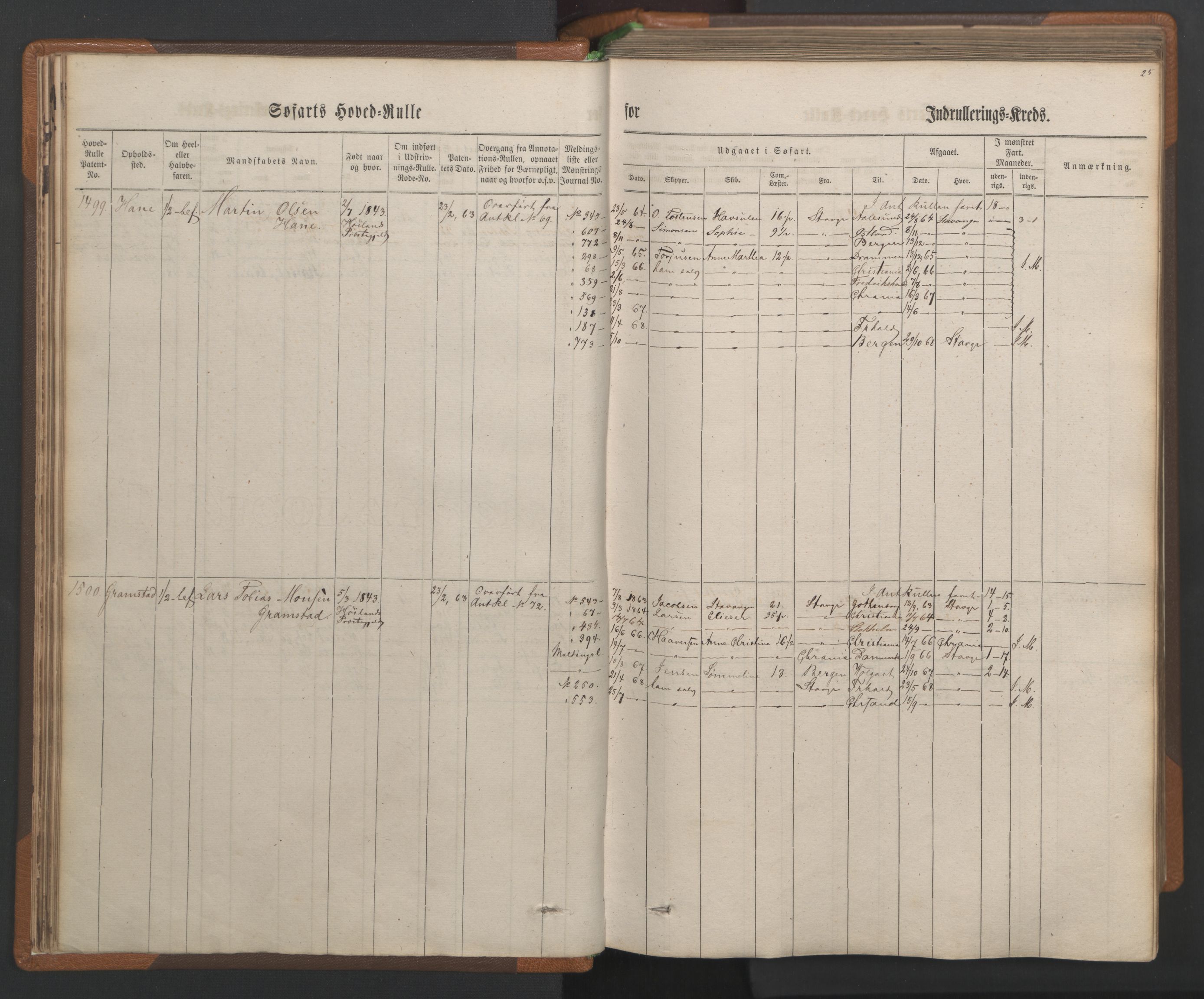 Stavanger sjømannskontor, AV/SAST-A-102006/F/Fb/Fbb/L0003: Sjøfartshovedrulle, patentnr. 1451-2270, 1863, p. 30