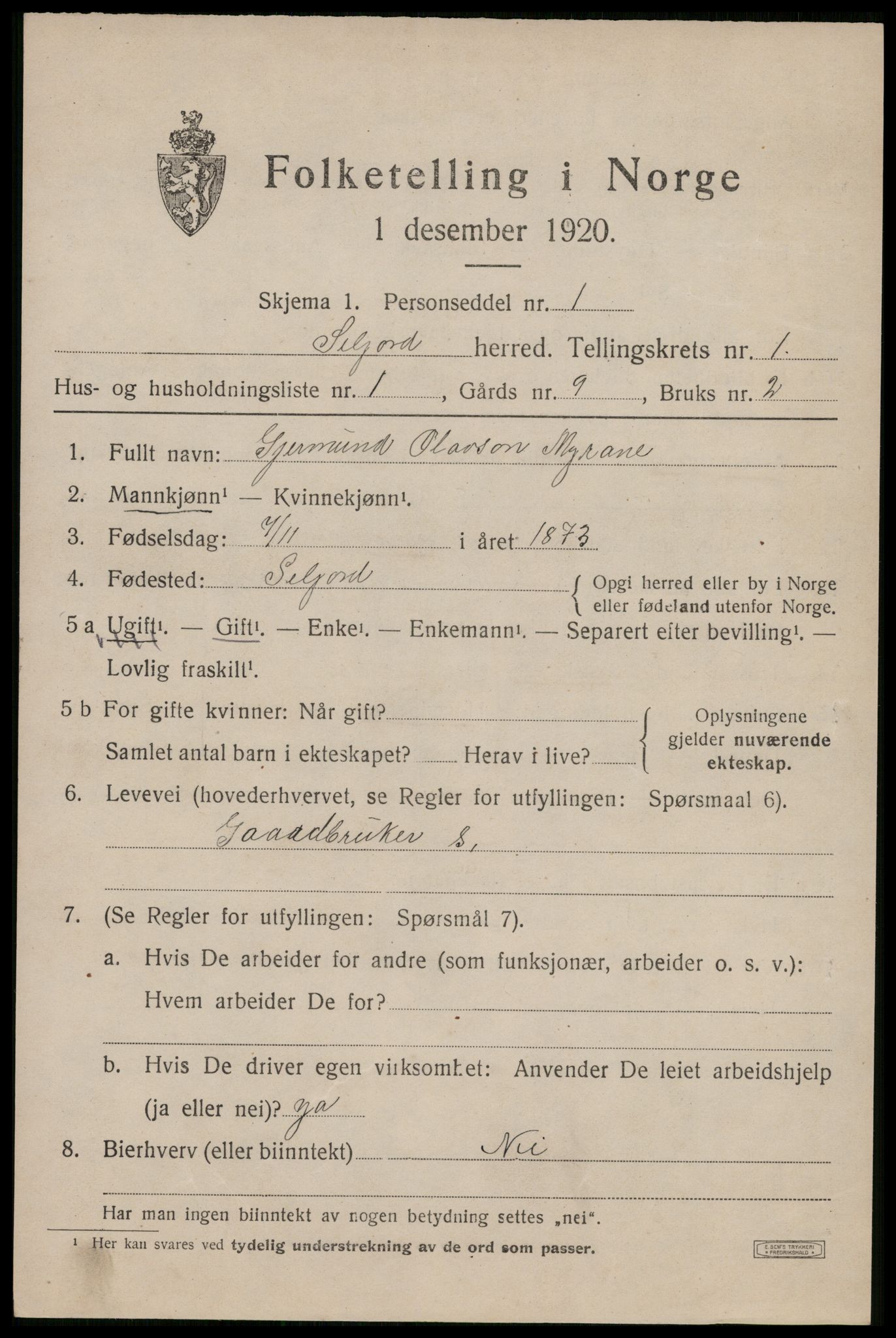 SAKO, 1920 census for Seljord, 1920, p. 1224