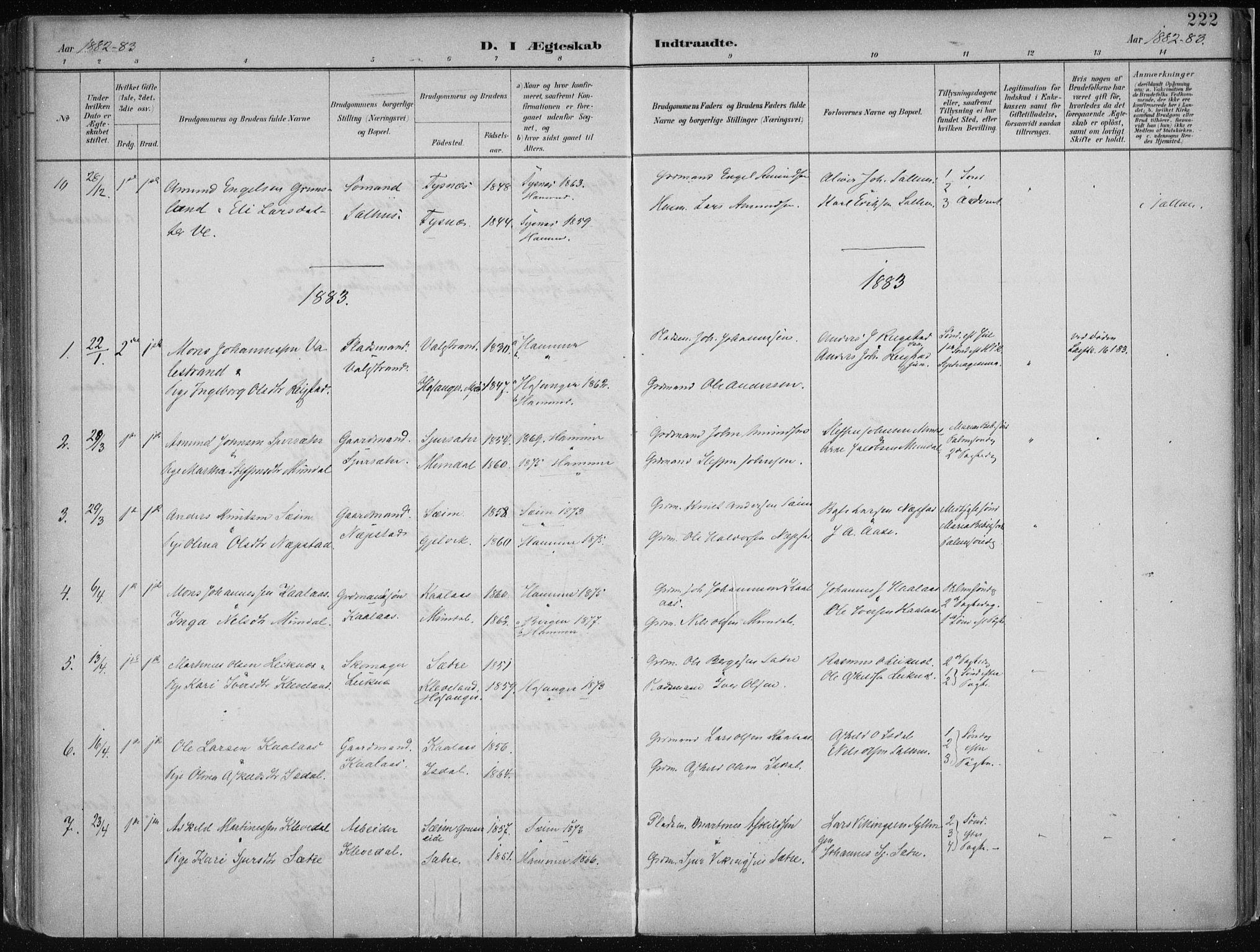 Hamre sokneprestembete, AV/SAB-A-75501/H/Ha/Haa/Haab/L0001: Parish register (official) no. B  1, 1882-1905, p. 222