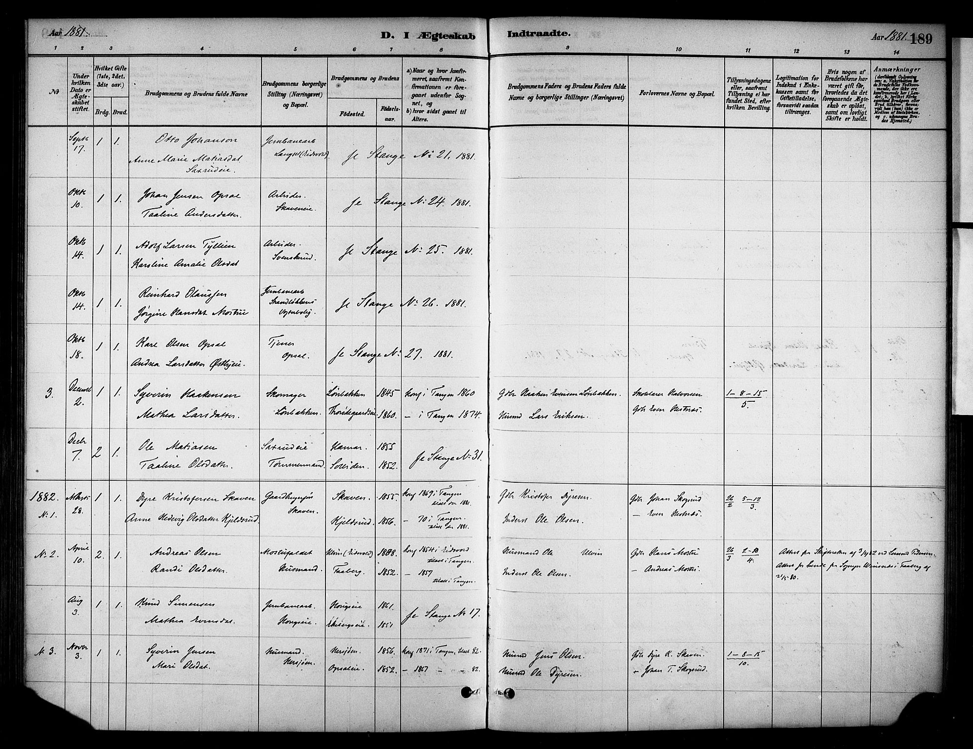 Stange prestekontor, SAH/PREST-002/K/L0018: Parish register (official) no. 18, 1880-1896, p. 189