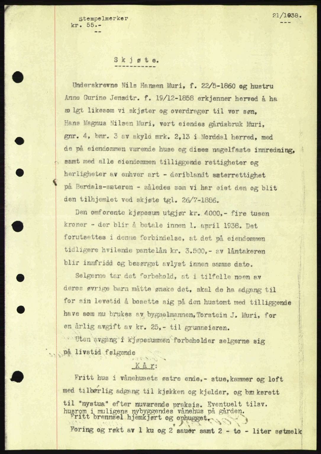 Nordre Sunnmøre sorenskriveri, AV/SAT-A-0006/1/2/2C/2Ca: Mortgage book no. A4, 1937-1938, Diary no: : 21/1938