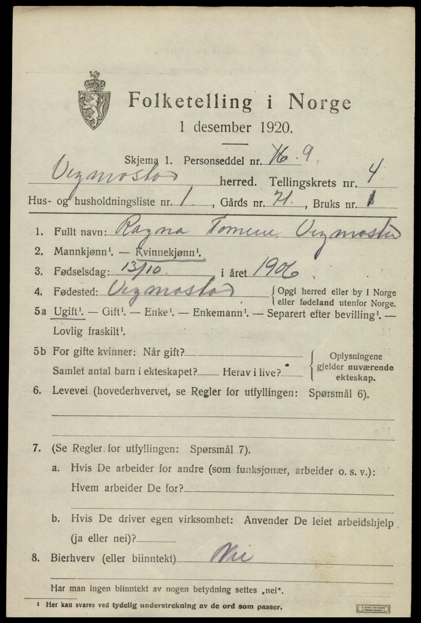 SAK, 1920 census for Vigmostad, 1920, p. 1189