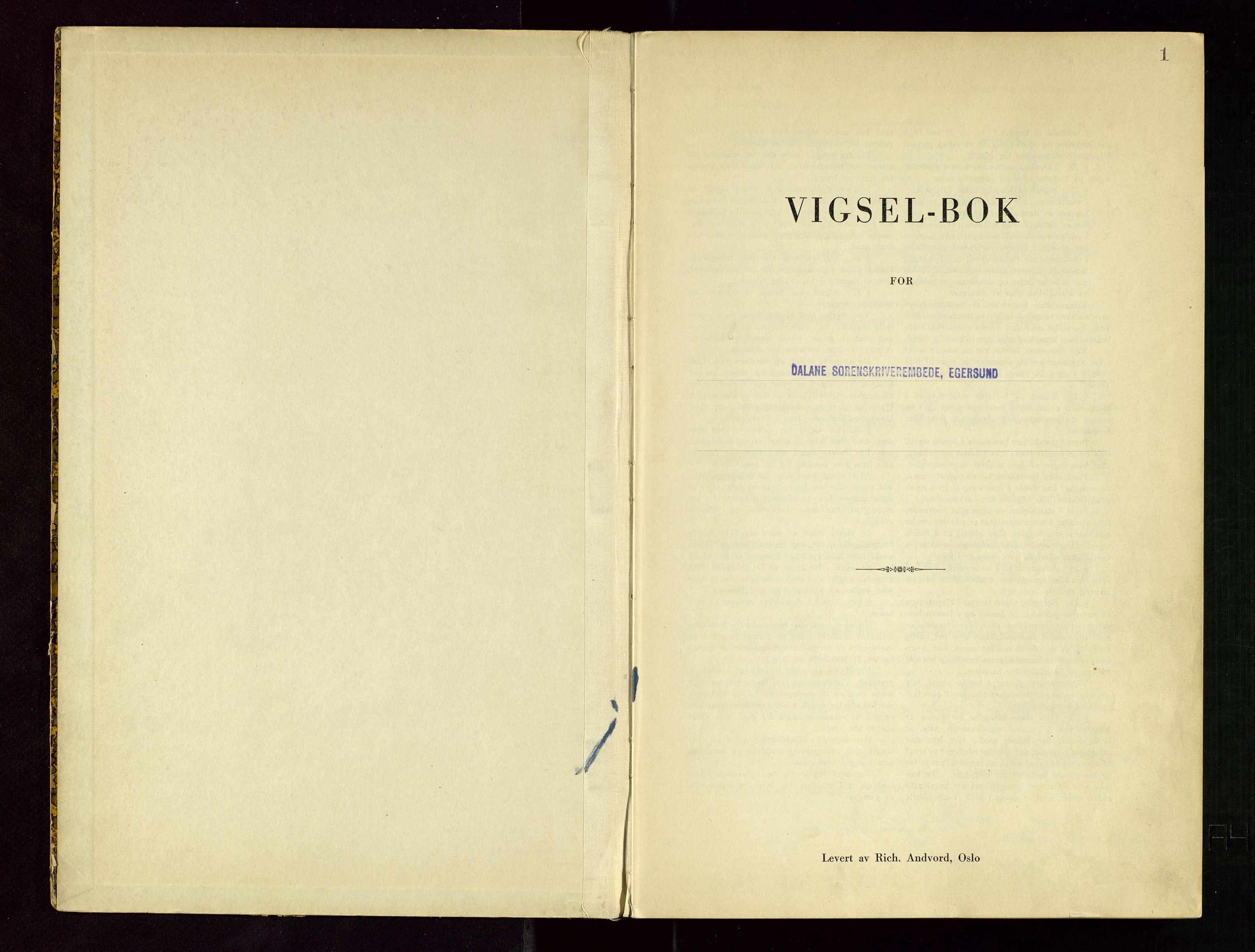 Dalane sorenskriveri, SAST/A-100309/03/I/L0003/0002: Vigselbøker / Vigselbok, 1943-1958, p. 1