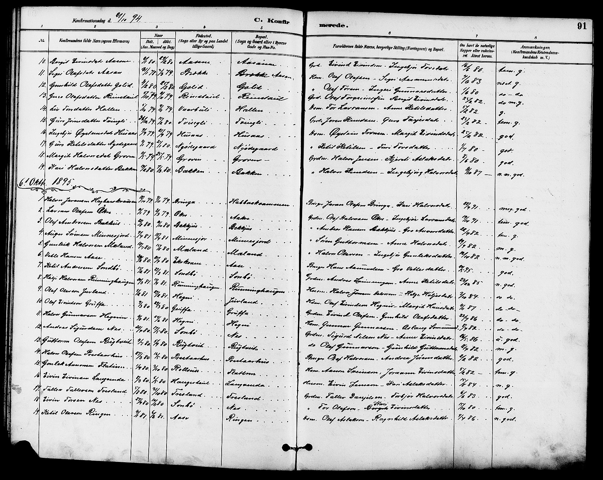 Seljord kirkebøker, SAKO/A-20/G/Ga/L0005: Parish register (copy) no. I 5, 1887-1914, p. 91