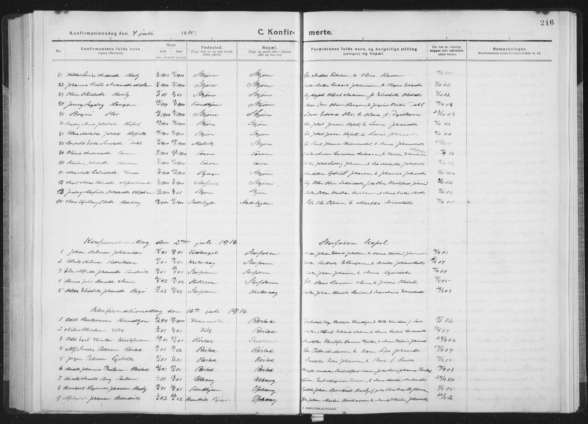 Ministerialprotokoller, klokkerbøker og fødselsregistre - Sør-Trøndelag, SAT/A-1456/659/L0747: Parish register (copy) no. 659C04, 1913-1938, p. 216
