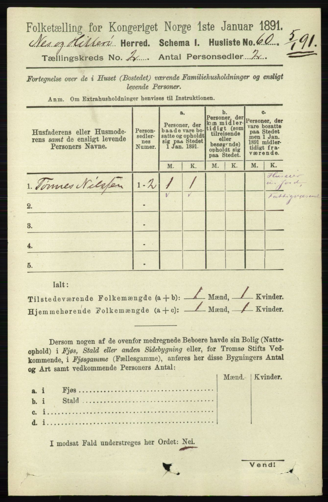 RA, 1891 census for 1043 Hidra og Nes, 1891, p. 531