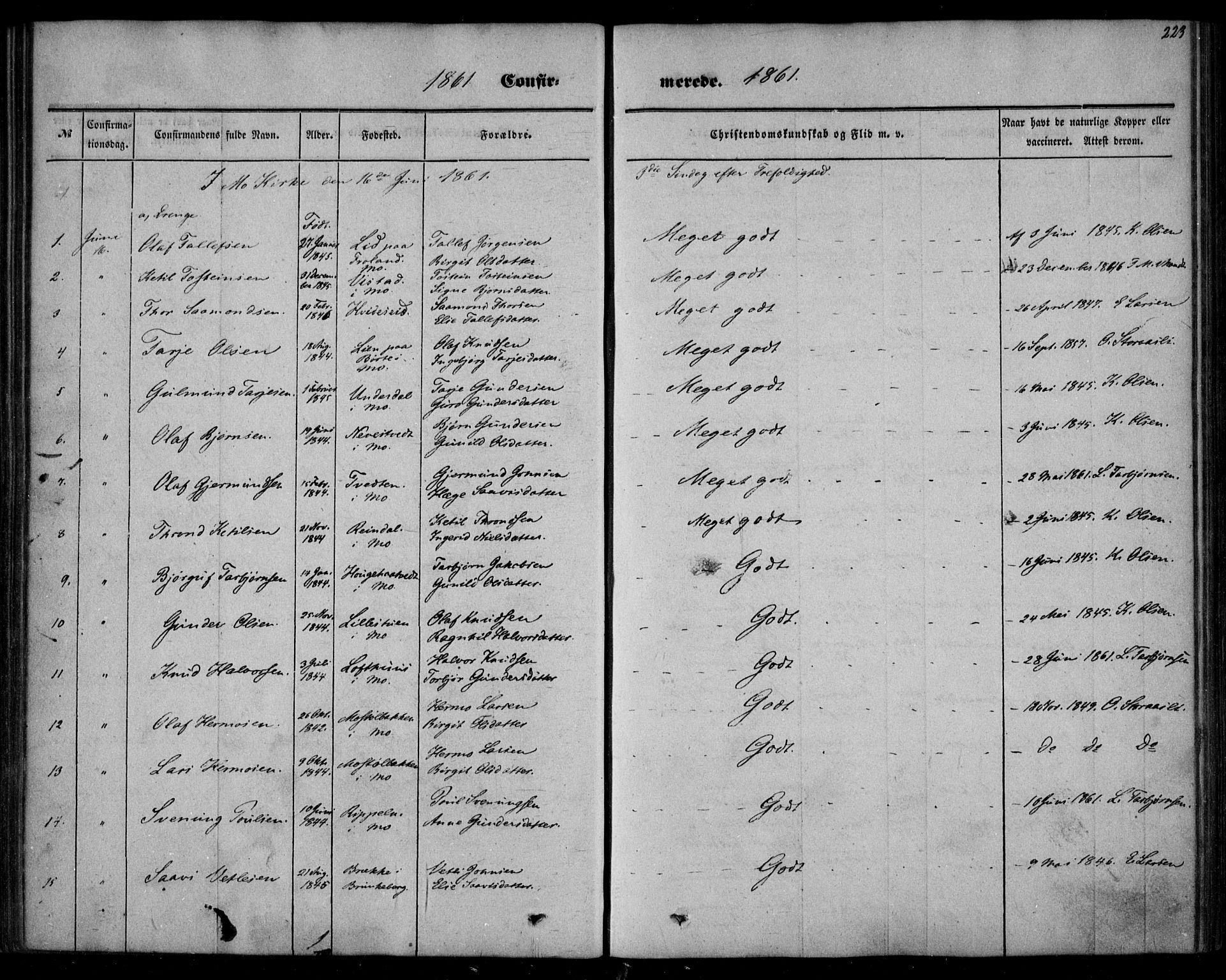 Mo kirkebøker, SAKO/A-286/F/Fa/L0005: Parish register (official) no. I 5, 1844-1864, p. 223