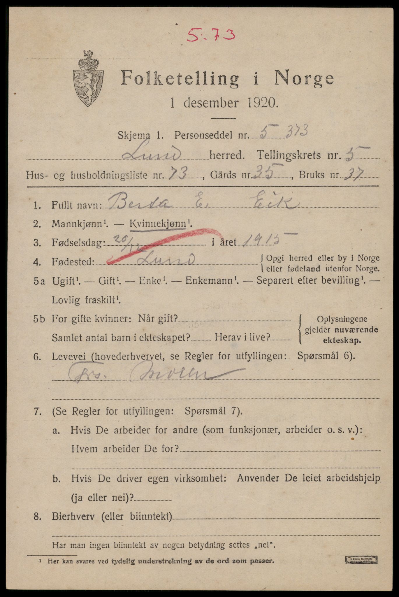 SAST, 1920 census for Lund, 1920, p. 3870